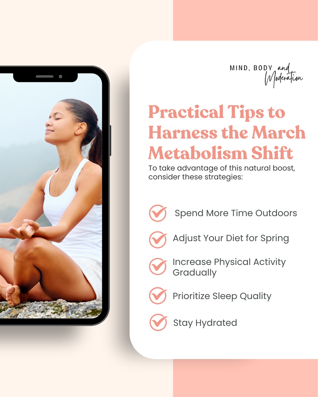 March brings longer daylight hours and subtle shifts in circadian rhythm that can support metabolism and fat loss. Many women notice improved energy and better consistency this time of year, and it is not random.
To take advantage of this natural boost, spend more time outdoors in morning light, adjust your meals toward lighter seasonal foods, increase physical activity gradually instead of jumping into extremes, protect sleep quality, and stay consistently hydrated.
These simple shifts support insulin sensitivity, hormone rhythm, and recovery. Fat loss often feels easier in spring because your biology is more aligned.
Read the full breakdown here: https://www.mindbodymoderation.com/post/the-march-metabolism-shift-why-fat-loss-gets-easier-in-spring
Save this post and follow for realistic metabolism education for women over 40.
#MetabolismAfter40 #SpringFatLoss #WomenOver40 #HormoneHealth #HealthyHabits