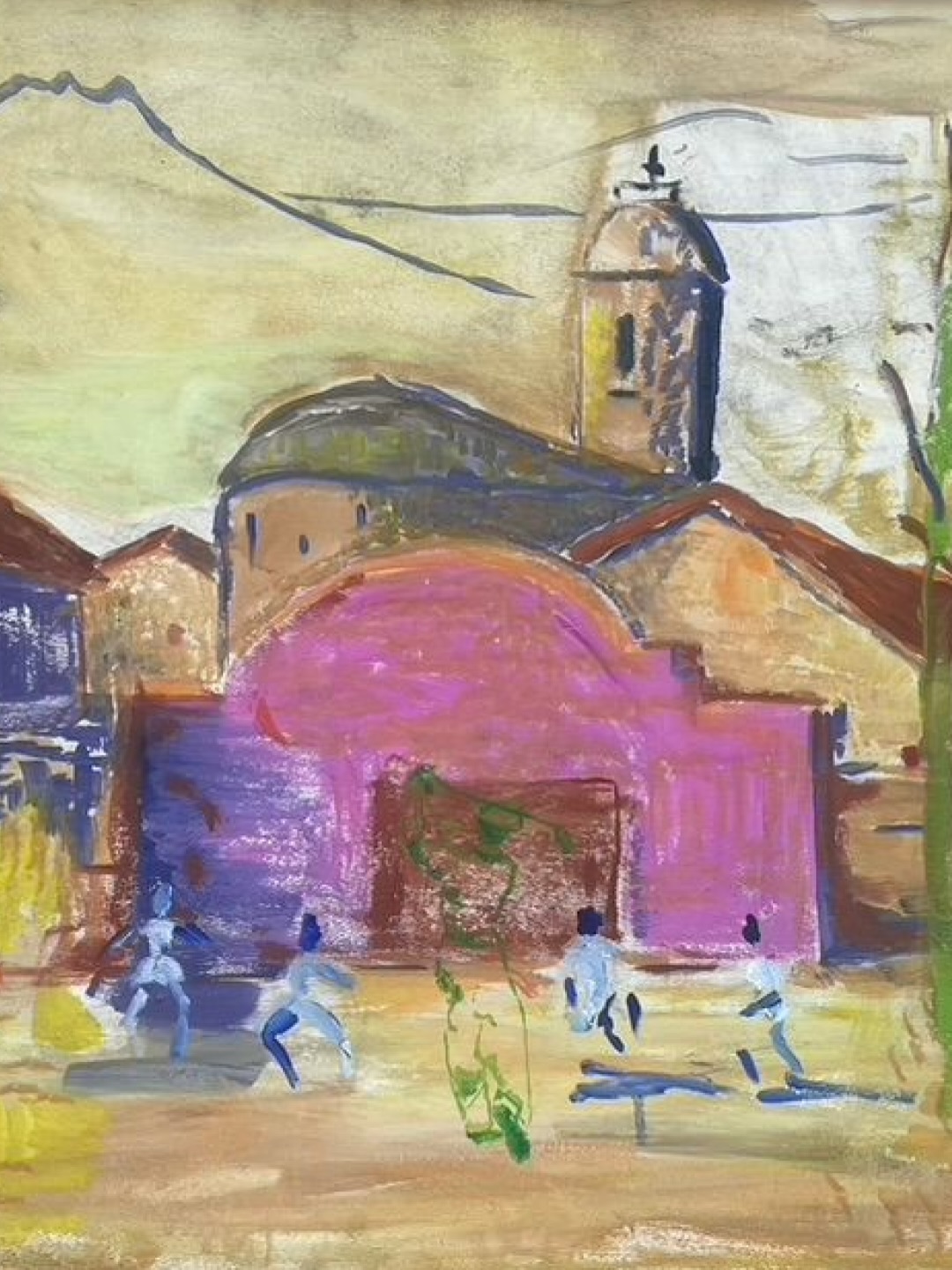 Une fois l’esquisse choisie, la création commence.
Pendant plusieurs semaines, parfois plusieurs mois, l’œuvre prend forme dans l’atelier.
Les couleurs s’équilibrent, les formes apparaissent, la composition se construit peu à peu.
Pour cette commande, le résultat est un triptyque mêlant peinture, collage, plexiglas et encre.
Une œuvre collective, entre tradition et modernité, où chacun retrouve une part de son histoire. Le jour de l’installation est toujours un moment particulier l’œuvre quitte l’atelier pour rejoindre la famille qui l’a inspirée.