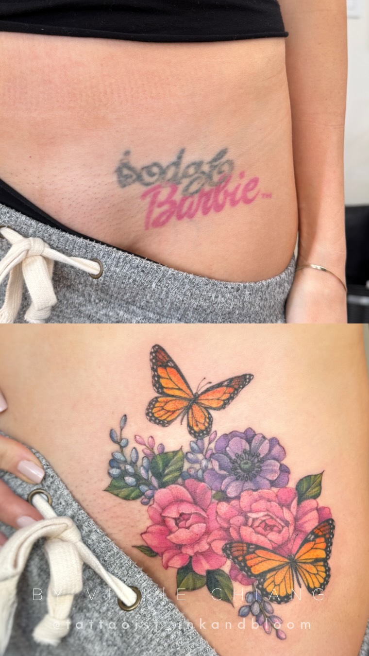 Abdominal tattoo coverup with monarch butterflies and blossoms ♡
#tattoocoverup #coveruptattoo #tattootransformation #butterflytattoos #coveruptattooartist