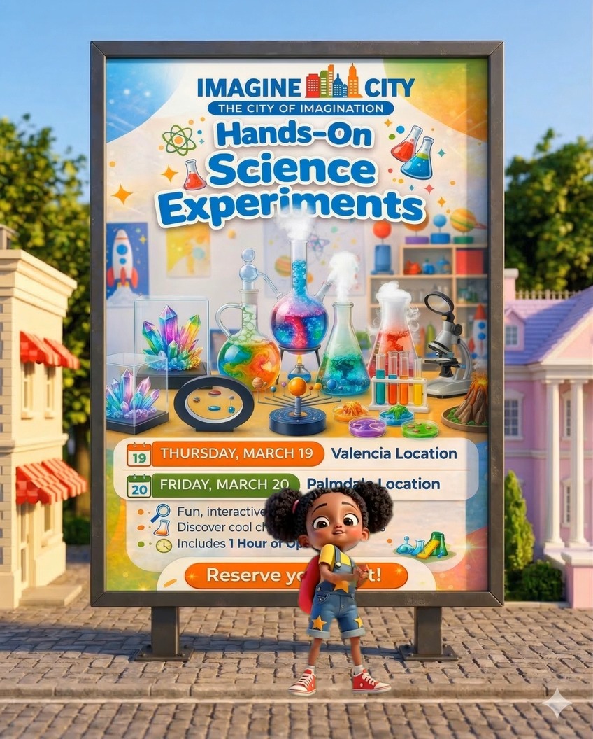 ๐๐ฌ Hands-On Science Experiments at Imagine City! ๐ฌ๐
Get ready for an event full of FUN, discovery, and imagination! ๐งชโจ
Bring your kids for an exciting hands-on experience where theyโll:
๐งซ Explore interactive science activities
๐งช Discover cool chemistry experiments
๐ PLUS enjoy 1 Hour of Open Play!
๐ Valencia Location
๐ Thursday, March 19
๐ Palmdale Location
๐ Friday, March 20
โ ๏ธ Spots fill up FAST โ donโt wait!
๐ Reserve your spot today!
๐ imaginecity.com/upcomingevents
โจ The perfect mix of learning + play + unforgettable fun for your little ones!
#ImagineCity #KidsActivities #STEMforKids #FamilyFun #ValenciaCA #Palmdale #KidsEvents #HandsOnLearning #IndoorPlay #ScienceFun #ThingsToDoWithKids #MomLife #DadLife #FamilyTime
