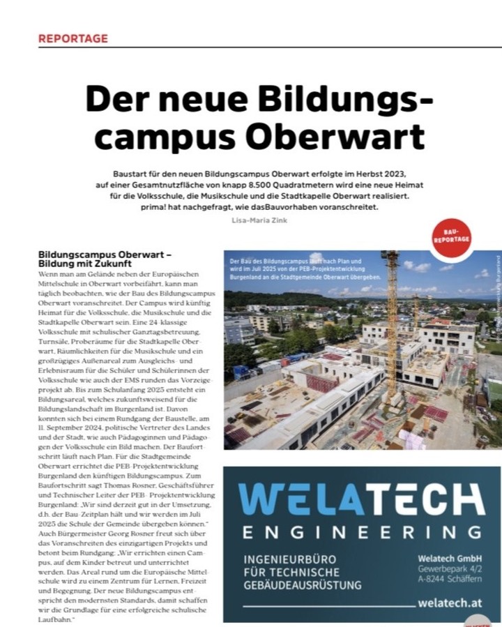 Bildungscampus Oberwart 🏗️🏫
Am 11.09.2024 fand die Gleichenfeier des neu errichteten Bildungscampus in Oberwart statt, an der auch die Projektbeteiligten von unserem Büro teilnahmen.
Zukünftig sollen im Bildungscampus Oberwart die Volksschule, Musikschule und Stadtkapelle Oberwart untergebracht werden.
Der Baustart erfolge im Herbst 2023, die Übergabe soll planmäßig im Juli 2025 stattfinden.
Wir dürfen das Projekt mit der Erstellung der Ausschreibungsunterlagen sowie mit der Fachbauaufsicht TGA begleiten.
Weitere interessante Details findet ihr im @prima.magazin.