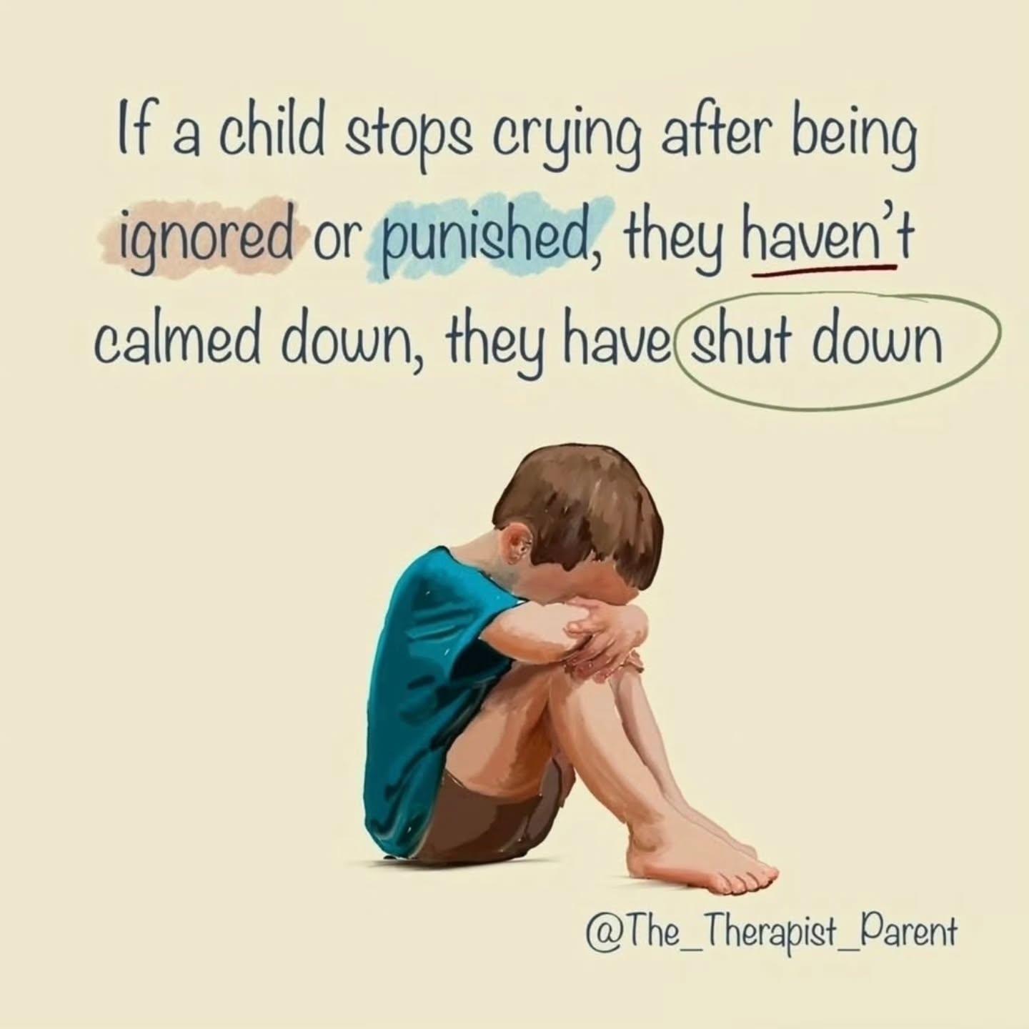If our friend was upset, we’d sit with them, support them, hold space.
So why do so many believe children should be ignored when their emotions feel too big?
Children don’t need to be “left to deal with it.”
They need co-regulation — an adult who shares their calm when they can’t find their own.
Co-regulation isn’t rescuing or giving in.
It’s offering warmth, modelling coping, and guiding them through the overwhelm so they can learn to understand and express their feelings in healthy ways.
Simple to say… not always simple to do.
Especially when their meltdown triggers your own nervous system.
But connection teaches skills that isolation never will.
✨ More support in my book Guidance from The Therapist Parent
Available at www.thetherapistparent.com and on Amazon
#coregulation #parenting
