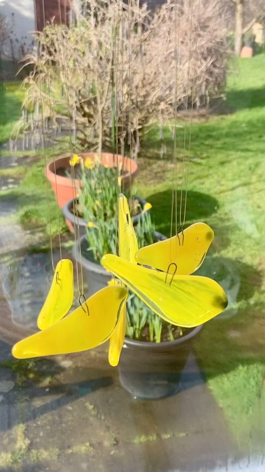 What a day - but when the sun makes an appearance it’s just gorgeous and Spring like. The daffodils have taken a bit of a beating though!! Hopefully see lots of folk at the @handmadeayr Market at @robertburnsnts tomorrow, Sat 14 March, 10-4. #springshowers #scottishweather #handmadeayr #yellow #birds #fusedglass #handmade