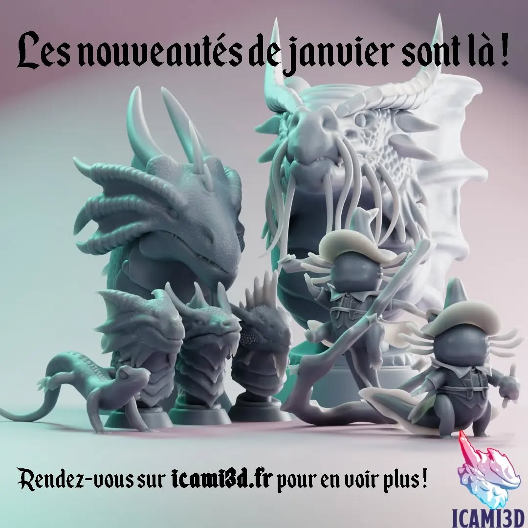 Bonnes fêtes à toutes et à tous !🎊
Pour fêter le début de l'année, je vous propose de nouveaux articles !
🐉 5 Bustes de Dragons Métalliques, inspirés de Donjons et Dragons.
🧙♂️ Le mini-aventurier, L'Axolotl Magicien, disponible en deux poses : celle de l'aventurier prêt à explorer le monde et celle qui est en pleine action pour battre quiconque s'opposera à lui !
🦎 Une Salamandre en pleine course et déterminée à traverser toute la forêt.
Les préparations pour envoyer les figurines avancent bien et nous serons bientôt prêts !
À bientôt sur https://icami3d.fr !
______________________________________
Happy Holidays to all!🎊
To celebrate the start of the year, I'm offering you some new articles!
🐉 5 Metallic Dragon Busts, inspired by Dungeons and Dragons.
🧙♂️ The mini-adventurer, The Magician Axolotl, available in two poses: that of the adventurer ready to explore the world and the one who is in full action to beat anyone who opposes him!
🦎 A Salamander in full swing and determined to cross the entire forest.
See you soon on https://icami3d.fr!
#newyear #2024 #dungeonsanddragons #dnd #miniature #miniaturepainting #paint #3d #animal #3dmodeling #fantasy #dragons #3dmodel #3dmodels #news #roleplay #jeuderole #jdr #print #3dprinting #mage #creation #creature #monster