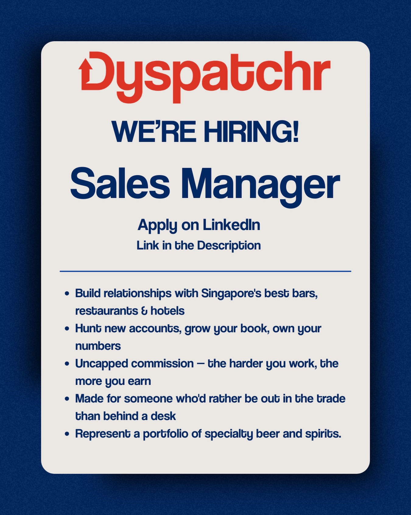 We’re looking for a Sales Manager focused on growing sales, opening new accounts, and hitting revenue targets.
This role is about getting out into the market, building relationships with venues, and selling our portfolio of spirits.
Interested? Head over to https://www.linkedin.com/jobs/view/4386089516/ to apply!