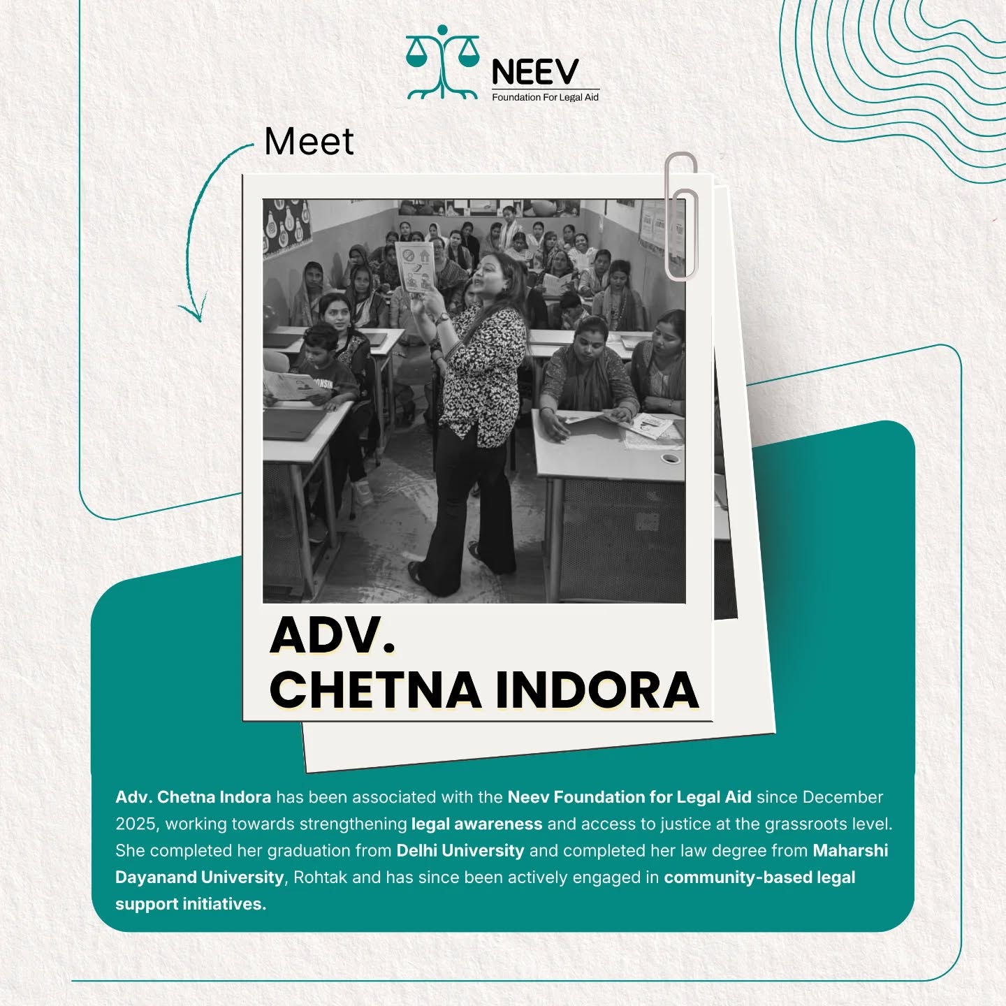 Trainer Spotlight | Neev Foundation
Meet Adv. Chetna Indora, who has been working with Neev Foundation since December 2025 to support women survivors in their journey from reporting violence to seeking justice.
From providing step-by-step legal guidance to conducting 10 legal awareness sessions on domestic violence, she continues to contribute towards making legal support more accessible at the community level.
Through her engagement in both casework and outreach initiatives, she is helping bridge the gap between legal rights and real-life access to justice.
At Neev, we believe that awareness is the first step towards empowerment.