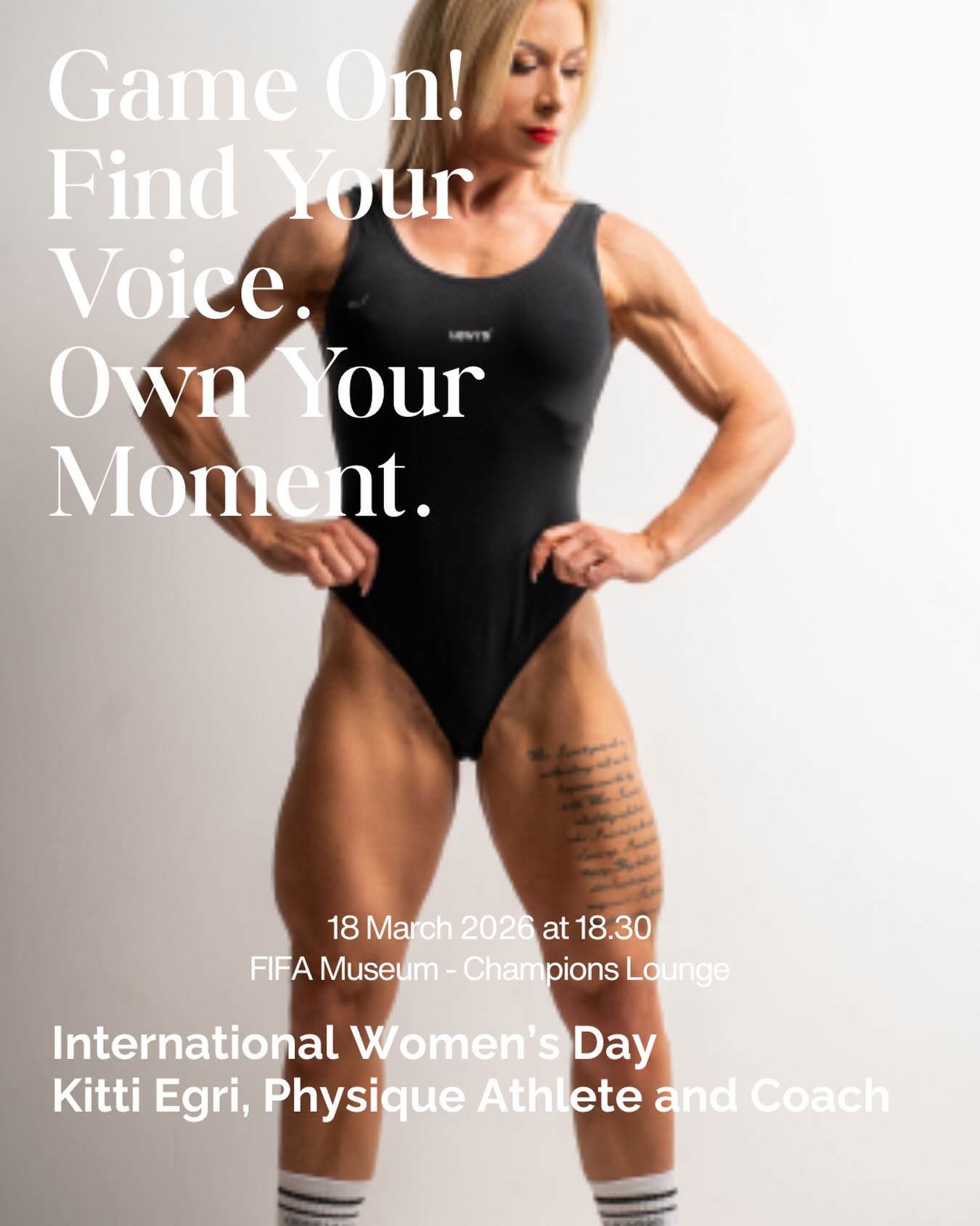 🧠💪🏼Join us at FIFA Champions Lounge to mark International Women’s Day. We are excited to have physique athlete and coach Kitti Vorschau @coaching.by.kitti shares how true strength begins in the mind. Drawing from her experience in bodybuilding and coaching, she explores the connection between mindset, body positivity, and self-belief. Kitti encourages the audience to reflect on their inner dialogue and to recognize that confidence and resilience are built through the way we think about ourselves.
Because real strength doesn’t start in the mirror, it starts with the voice in your mind.