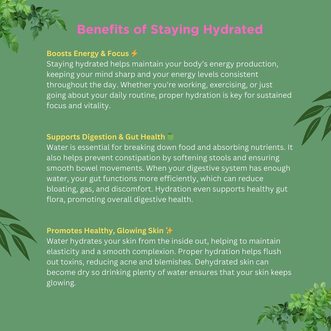 💧 Water: Stay Hydrated, Stay Healthy! 💧
Water is more than just a thirst quencher, it’s a fundamental part of nearly every process in your body (which is made up of about 60% water!😳)
From supporting your organs, to improving energy and nourishing your skin - the benefits of staying hydrated are truly endless! 🌱✨
Swipe ➡️ to find out why you can’t ignore your H2O intake!
Aiming for at least 8 cups (2L) per day but intake may need to be increased due to activity levels!
💡 Tip: If you find it hard to drink enough water, try infusing with lemon, cucumber or berries to add more flavour and make it more enjoyable!
- CK 🍏💪🏻
#hydrationiskey #holisticnutritionist #foodasmedicine #waterislife #nourishyourbody #wellnessstartswithin