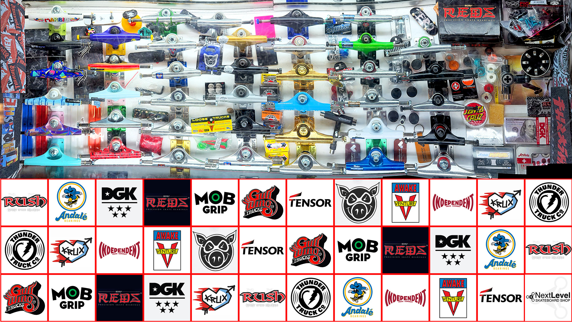 We have Trucks and Bearings and Grip and more at Next Level Skateboard Shop