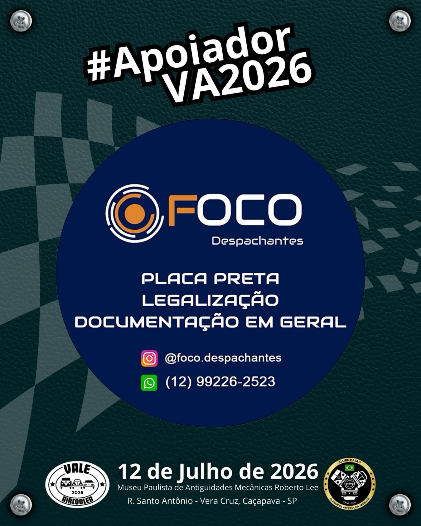 📄🚗 Especialistas em deixar seu clássico 100% regularizado!
A @focodespachante é referência quando o assunto é placa preta, legalização de modificações e documentação automotiva em geral. Com experiência e agilidade, cuidam de toda a parte burocrática para que você aproveite seu clássico com tranquilidade e dentro da lei.
Se é documentação, é com quem entende!
#ValeAircooled2026 #FocoDespachante #PlacaPreta #Regularização #carrosclassicos
