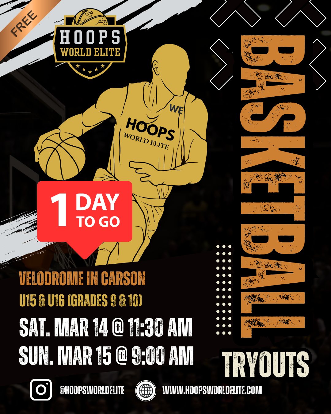 ⏰ 1 DAY TO GO
This is it. Final chance to lock in your spot.
Hoops World Elite U15–U16 Tryouts (Grades 9–10) are happening this weekend at the Velodrome in Carson — and tryout capacity is limited.
If you’re serious about competing and developing your game, don’t wait until it’s full.
📍 Velodrome – Carson (Dignity Health Sports Park)
📅 Sat. Mar 14 — 11:30 AM
📅 Sun. Mar 15 — 9:00 AM
⚠️ This is a limited tryout. Secure your spot now.
👉 Register today:
www.hoopsworldelite.com/tryouts
Link in Bio
Bring your energy. Bring your game.
#HoopsWorldElite #SouthBayBasketball #CarsonBasketball #BasketballTryouts #ClubHoops