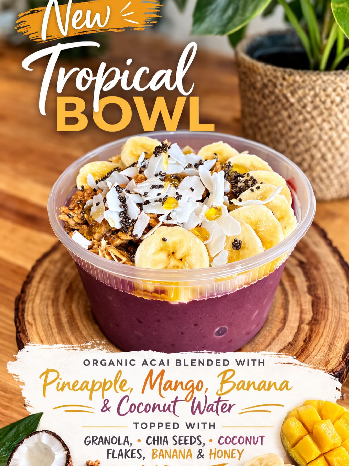 ☀️ New Tropical Bowl ☀️
As the weather starts warming up in the Bitterroot, we’re bringing a little tropical sunshine to Stevensville 🌴
Our NEW Tropical Bowl is here and it’s the perfect refreshing treat.
Organic açaí blended with pineapple, mango, banana, and coconut water, topped with granola, chia seeds, coconut flakes, banana, and honey.
Fresh, bright, and packed with flavor.
Stop by and try it at i Feel Good Yoga + Juice Bar