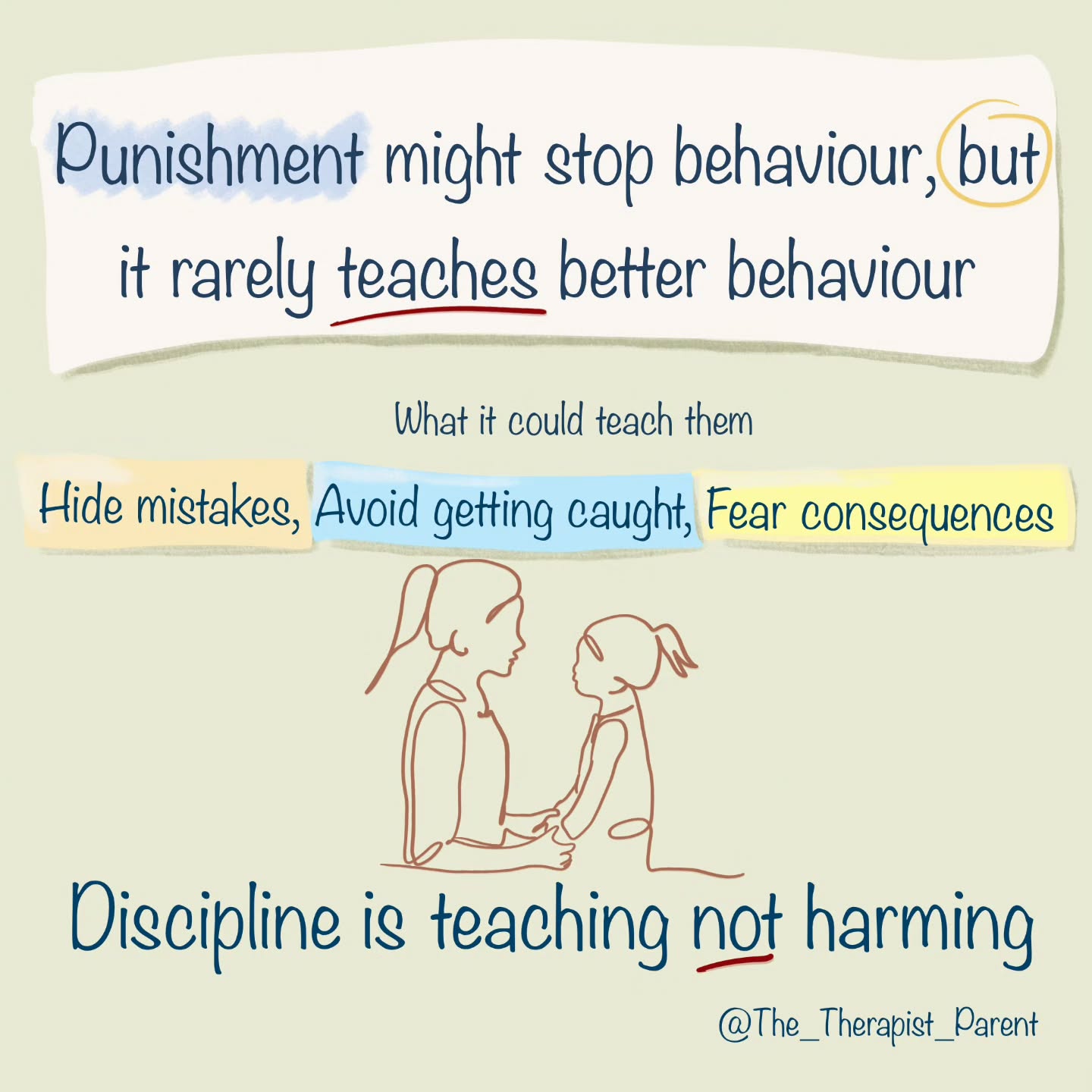 Punishment can stop behaviour in the moment.
But stopping behaviour and teaching behaviour are two very different things.
When punishment is used regularly, children often learn things we didn’t intend:
• how to avoid getting caught
• how to hide mistakes
• how to focus on consequences instead of responsibility
What helps children develop better behaviour long term is learning what to do instead.
That usually requires guidance, practice, and support while their brains are still developing those skills.
I talk more about this in my short video on my website about why punishment doesn’t change behaviour long term and what actually helps children build emotional skills.
Link in bio.