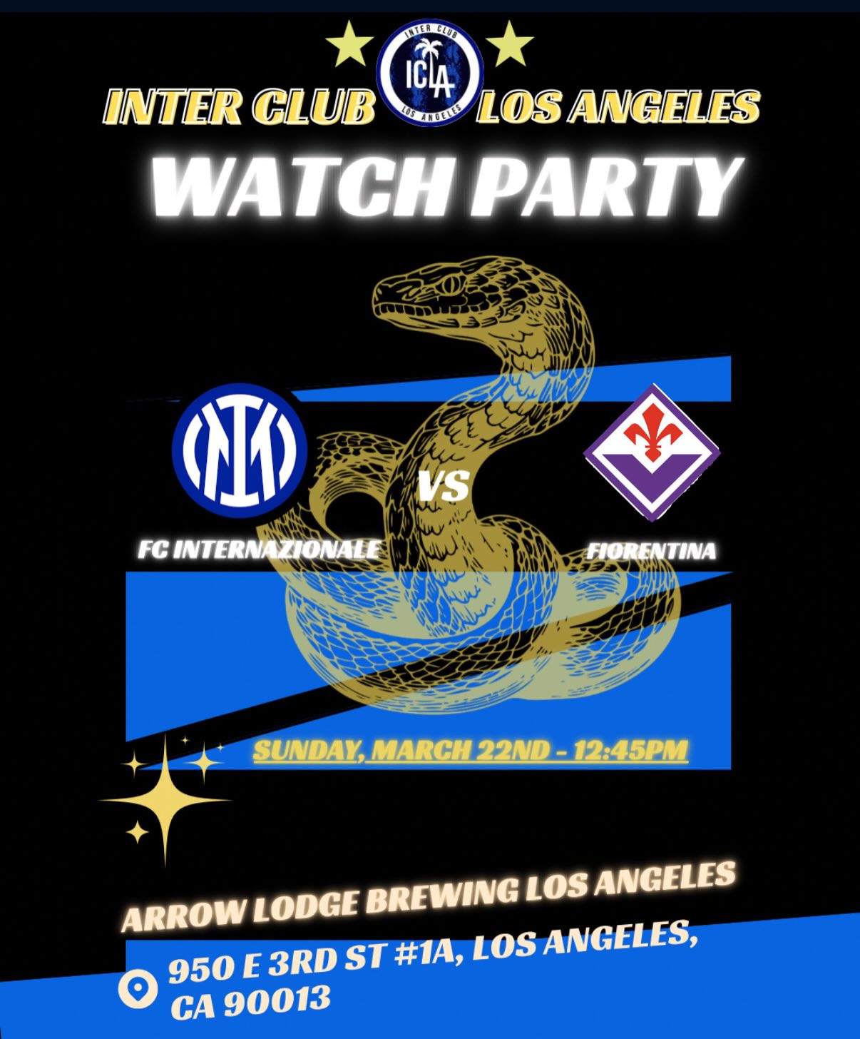 Good morning Interisti,
The campionato continues as we approach the last 9 games of the season. Let’s go!
FC Internazionale - Fiorentina
Sunday, March 22nd - 12:45pm
Will be hosted at the Arrow Lodge Brewing Los Angeles:
950 E 3rd St #1A, Los Angeles, CA 90013
FORZA NERAZZURRI! ⚫️🔵
#inter #fcinternazionale #intermilan #interclublosangeles