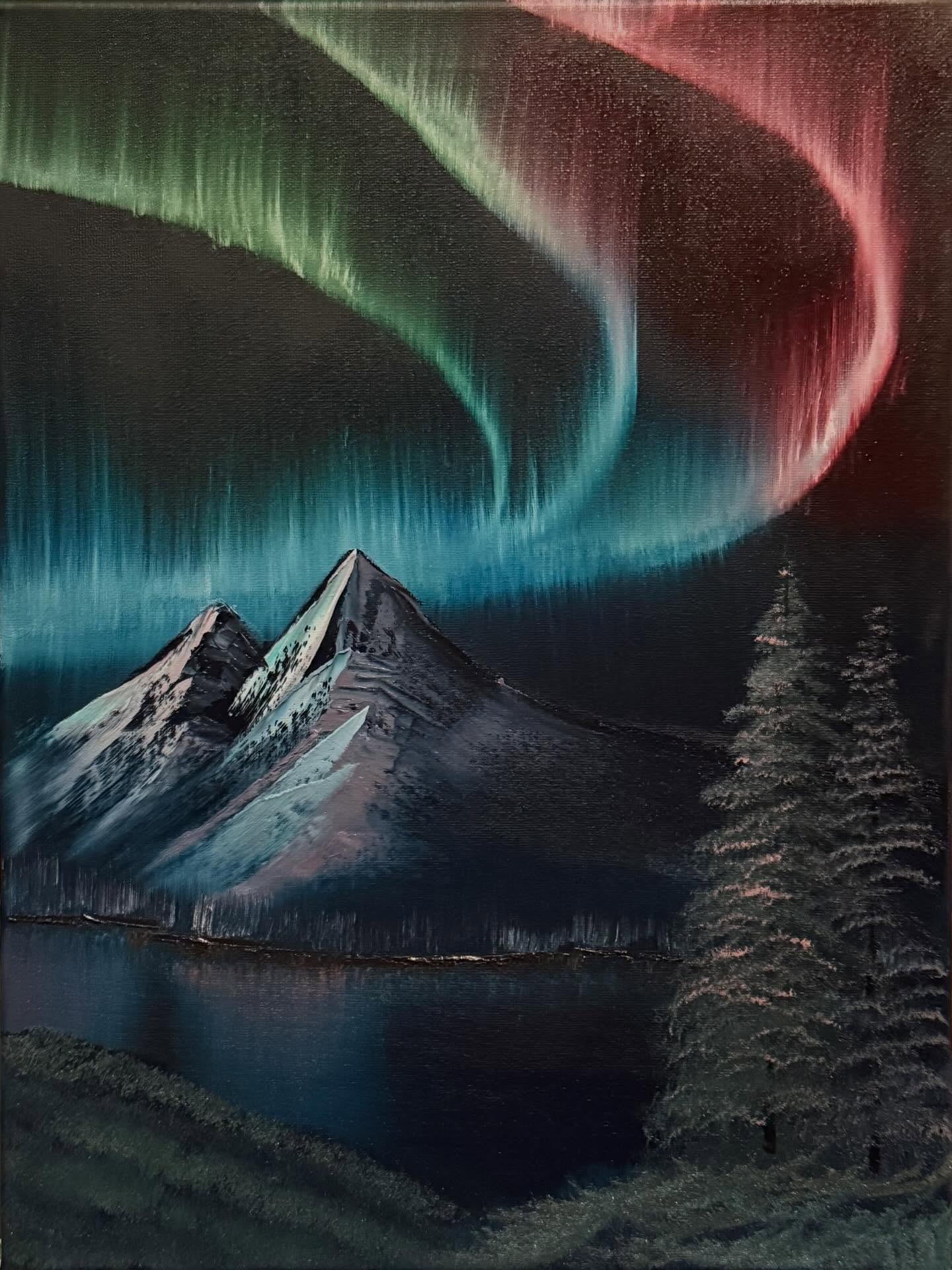 12x16 Oil on Canvas. My first try at the northern lights. I wasn’t sure what was going to come out but I’m pleased with it! I forgot to timelapse it. Super fun something totally different. #oilpainting #bobross #fyp #northernlights #happytrees