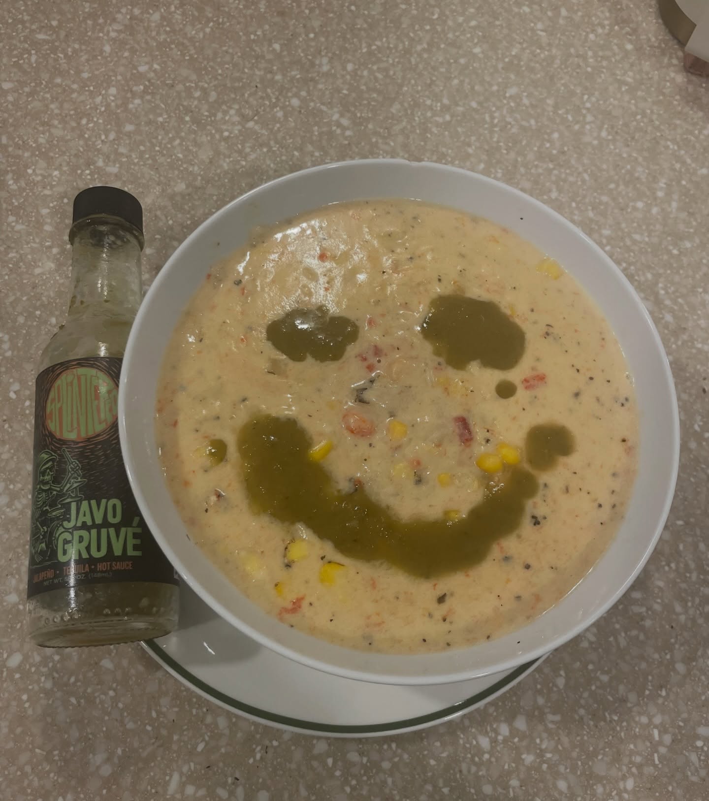 Seafood Chowder before JavoGruvé: 😐
Seafood Chowder after JavoGruvé: 🙂
#stpatricksday #hotsauce #jalapeno #tequila #seafood