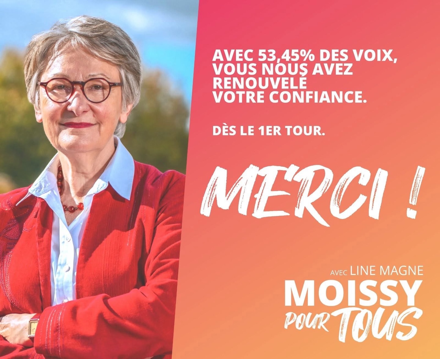 Avec 53,45 % des voix, vous nous avez accordé votre confiance dès le premier tour pour poursuivre le travail engagé à Moissy-Cramayel. Ce résultat nous honore profondément et nous oblige.
Merci à toutes celles et ceux qui se sont déplacés pour voter. Merci pour votre confiance, pour vos échanges durant ces mois de campagne, pour l’accueil que vous nous avez réservé dans vos quartiers, sur les marchés, à vos portes.
À partir d’aujourd’hui, nous continuerons d’agir avec la même exigence et la même proximité au service de toutes les Moisséennes et de tous les Moisséens.
Moissy avance, et c’est avec vous que nous écrirons la suite de cette aventure 🙏