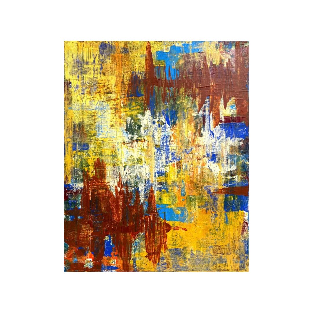 “Sal Afuera”
20” x 16”
Acrylic on canvas
“Sal afuera” invites a step beyond the interior—past hesitation, past the noise of holding back. Layers of sun-warmed yellows and fractured blues collide like shifting light, while deep rust forms echo movement, like something breaking through or calling outward. The surface feels weathered yet alive, as if time itself has been pressed into it.
It’s a piece about crossing a threshold—about leaving what’s familiar and stepping into something uncertain, but necessary.
.
.
.
.