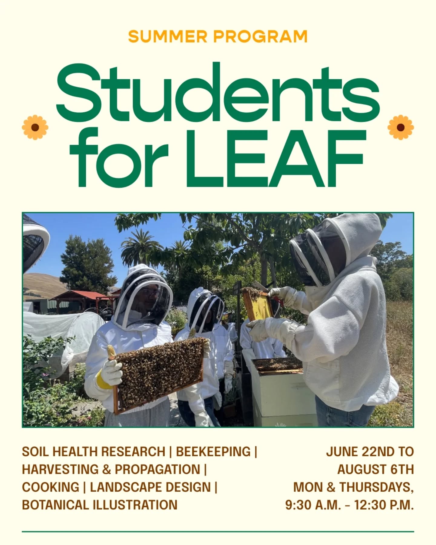 Students for LEAF Summer Program registration now open!
Students for LEAF is our 7-week summer program for middle and high school students that nurtures young people's passion for environmental conservation, regenerative agriculture, and science and art. We are cultivating the next generation of leaders to tackle global challenges such as food insecurity, water conservation and climate change.
Program Location: LEAF Urban Farm
Program Dates: June 22nd to August 6th, 2026
Mondays & Thursdays, 9:30 a.m. - 12:30 p.m.
Cost: $630
Spaces are limited, sign up via our link in bio.
#studentsforleaf #summerprogram #fremontca #environmentaleducation #regenerativeagriculture