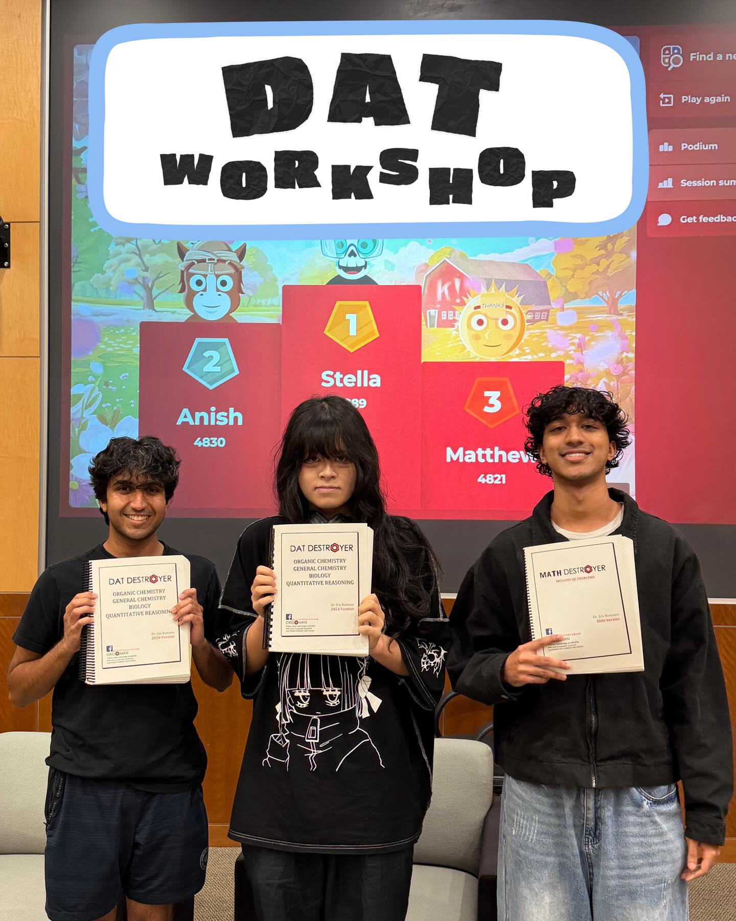 Big thank you to everyone who joined our DAT workshop! We hope you gained valuable insights from your peers and had a lot of fun playing Kahoot! 📚
Good luck studying and, as always, if you have any questions, feel free to contact any of the panelists or officers if you have any more DAT questions 😁🤓