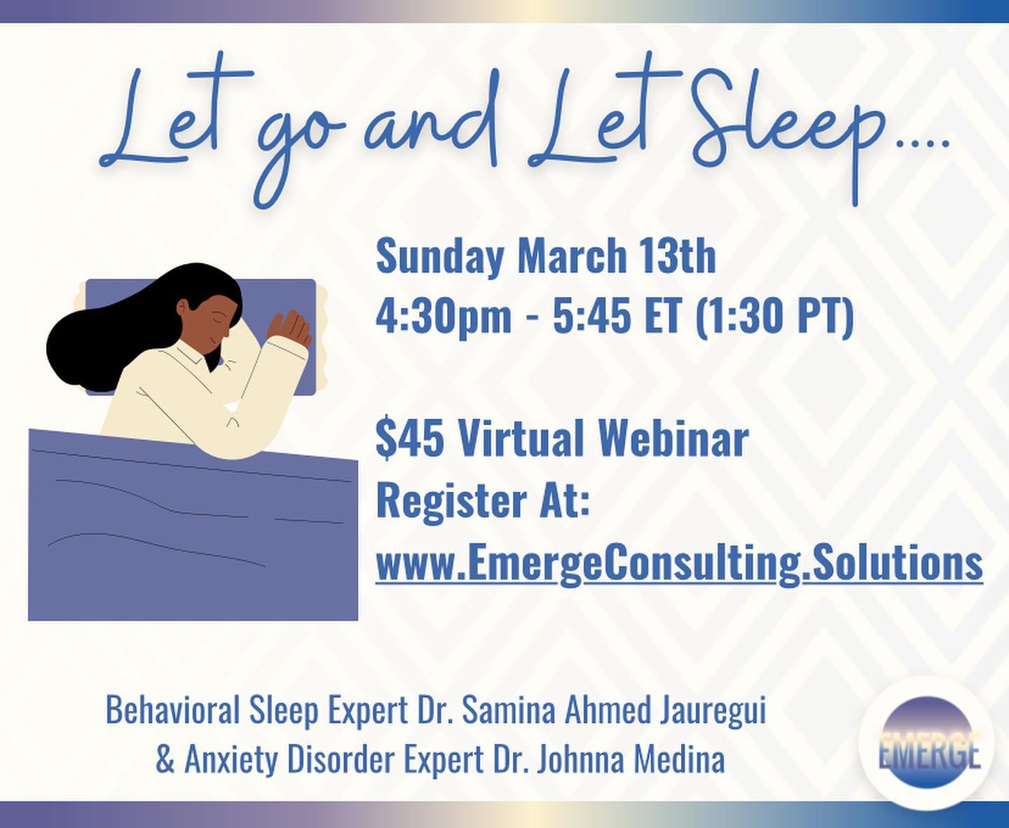 Join us!
~
We’re living in stressful times. Sleep is important even if we’re stressed and anxious. The world can’t be made better by running ourselves ragged. Learn to let go and let sleep, so that you can do more of what matters in the time you’ve got 🕊
~
#sleep #sleeppsychology #psychology #mentalhealth #love #kindness #meditation #emergeconsulting #mentalhealth #anxietyawareness #anxietyrelief #fear #worry #act #acceptanceandcommitmenttherapy #cbt #therapy #therapytools #webinar