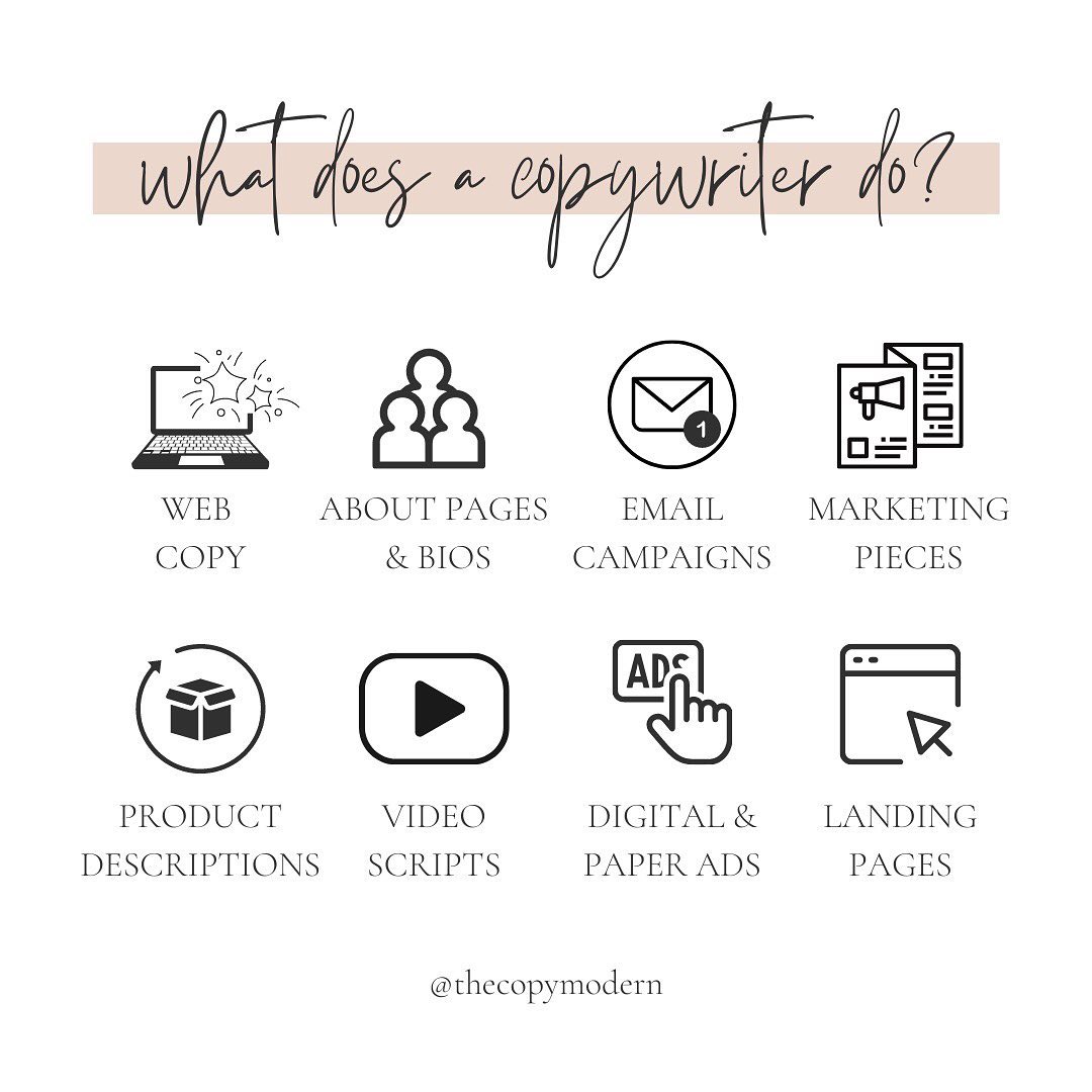 💁🏼♀️I can help you with the messaging for your…
✔️Web copy
✔️ About pages & bios
✔️ Email campaigns
✔️ Marketing pieces
✔️ Product descriptions
✔️ Video scripts
✔️ Digital & paper ads
✔️Landing pages
… any other sales related writing.
😝A copywriter isn’t involved in issuing copyrights or legally protecting other intellectual property — a pretty common misunderstanding!
💌DM me to request a free 20-minute discovery call to discuss your needs! Now booking for June and July!
#copywriter #copywriting #entrepreneur #entrepreneurship #sanantoniocopywriter #sanantoniosmallbusiness #salescopywriter #websitecopywriter #marketingtips #onlinemarketing #copywritingtips #copywriting101 #contentmarketing #contentmarketingtips #copywritingservice #digitalmarketingtips #marketinghelp #writingtips #smallbusinessmarketing #businessgoals #creativebusiness #smallbiztips #webcopy #websitecopy #salescopy