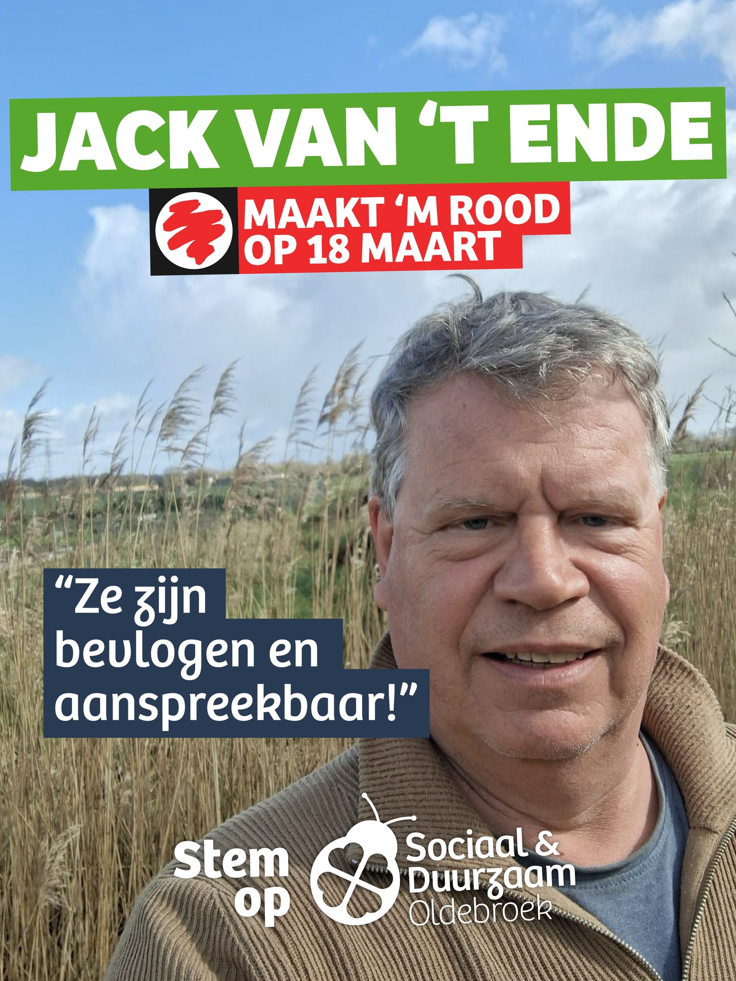 Jack van 't Ende, voorzitter van IJsclub "Excelsior" in Wezep en jarenlang werkzaam bij een grote gemeente aan duurzaamheid, stemt Sociaal & Duurzaam Oldebroek 💚
"De mensen zijn bevlogen en hebben het beste met de inwoners en onze leefomgeving voor. Ook zijn ze goed aanspreekbaar, dat weet ik uit eigen ervaring."
Woensdag 18 maart stemmen! 🗳️