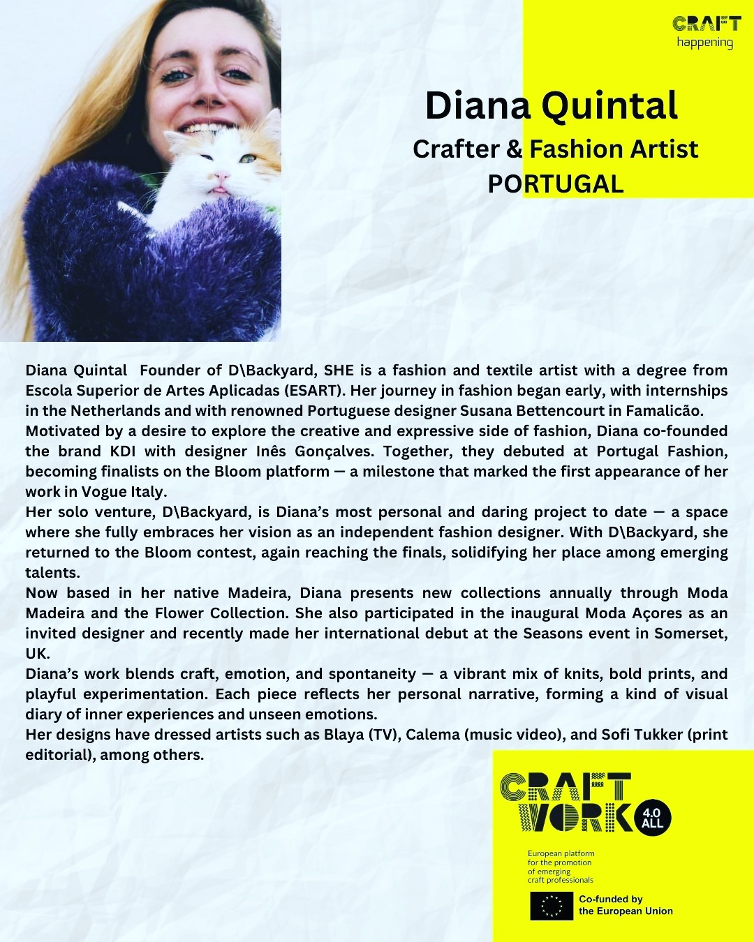 ✨ A pearl in our drop of crafters
On 21 March, two creative voices will meet to experiment, share and create at the craft happening
“Reborn Beauty. Sustainable Jewelry” within the project Craftwork 4.0 All @craftwork4all
We have already introduced Anita Gabor @🇷🇴 (@roodsbya) — and today we present the second voice of this creative duet: Diana Quintal @dmquintal 🇵🇹, founder of D\Backyard @d_backyard
A fashion and textile artist from Madeira, Diana works at the intersection of craft, emotion and bold experimentation. For this happening she has chosen the theme of sustainable jewelry, combining her passion for fashion and style with the idea of reuse and transformation.
📅 21 March 2026
🕚 11:00
📩 artassociationmadeira@gmail.com
Co-funded by Creative Europe
#Craftwork4All #artemassociation #artcentercaravel #creativeeurope #europacreativa