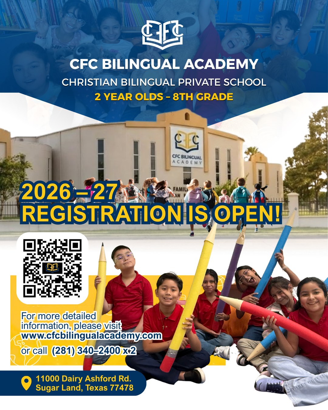 New season, new opportunities to grow! 🌟
Enrollment is now open for the new school year. Secure your child's spot today and be part of a community that shapes the future with love and learning.
📍 Sugar Land, TX
📞 (281) 340 - 2400 x2
#BackToSchool #EnrollNow #SugarLandTX #CFCBilingual #FutureLeaders
________________________________________
¡Nueva temporada, nuevas oportunidades para crecer! 🌟
Las inscripciones están abiertas para el nuevo año escolar. Asegura el cupo de tu hijo hoy y forma parte de una comunidad que moldea el futuro con amor y aprendizaje.
📍 Sugar Land, TX
📞 (281) 340 - 2400 x2
#RegresoAClases #InscripcionesAbiertas #SugarLandTX #CFCBilingual #LíderesDelMañana