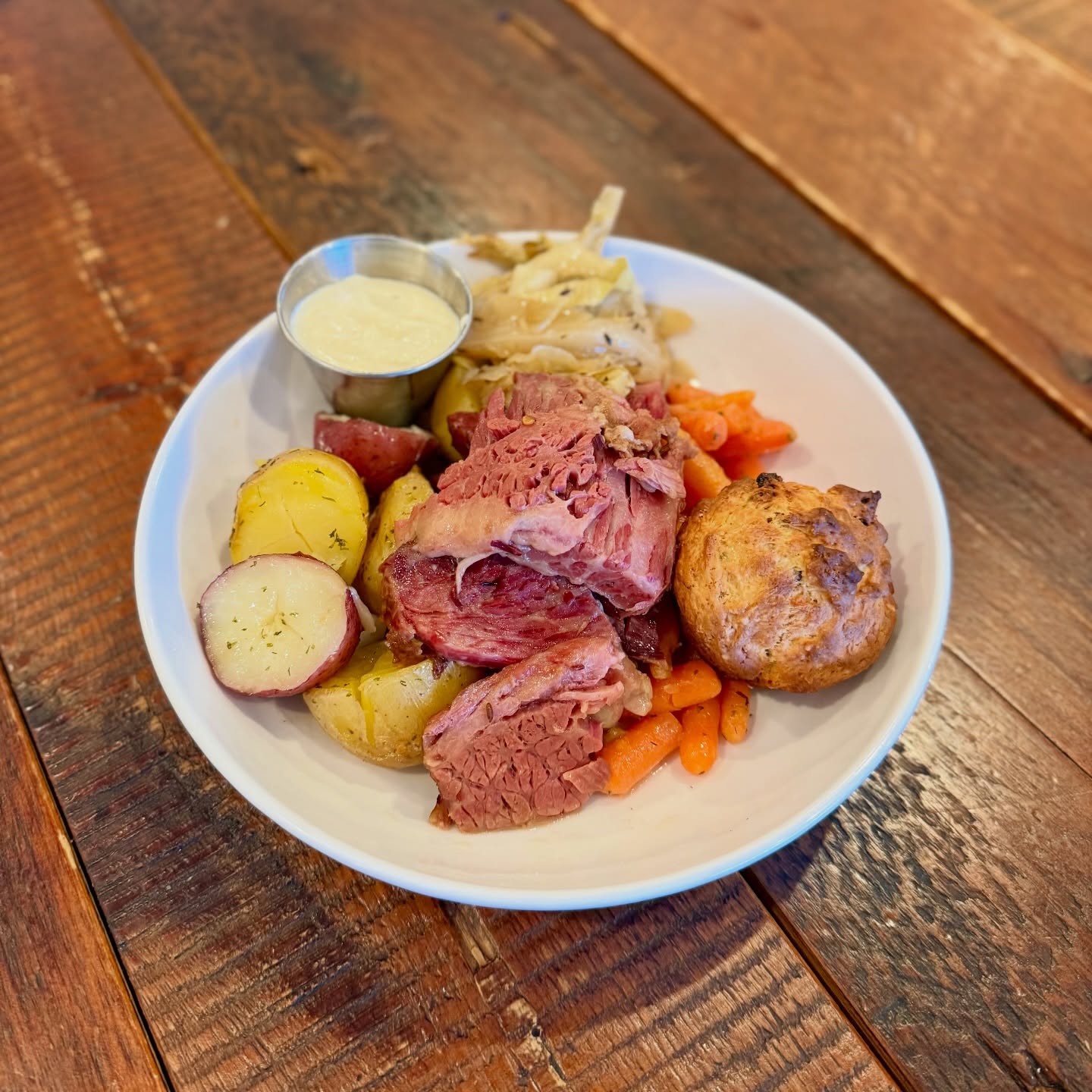 Happy St. Patrickโs Day everyone!! Come on in and enjoy are corned beef & cabbage w/ potatoes, carrots, horseradish sauce, & Irish soda bread! ๐๐