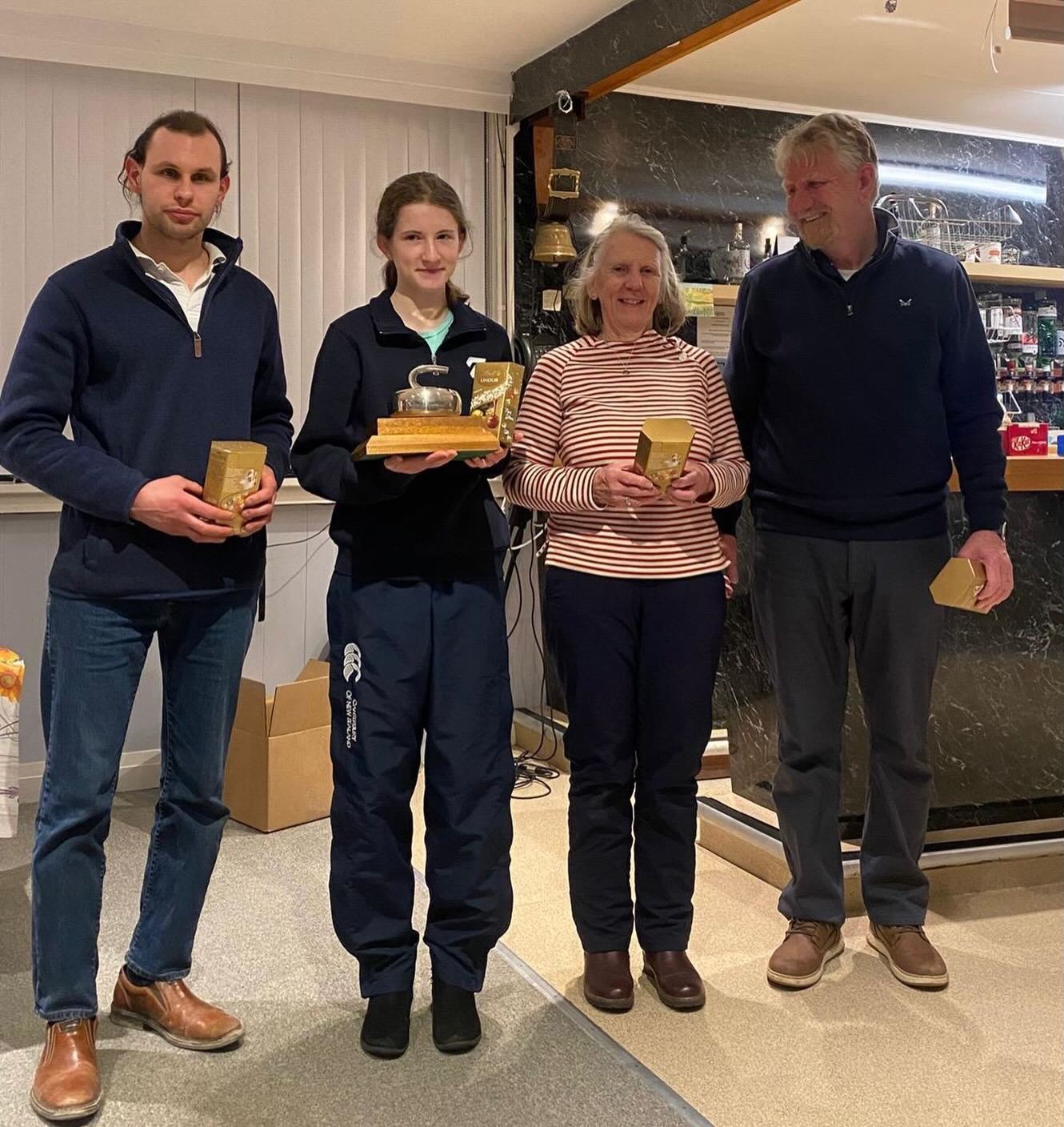 🥌🥌🥌🥌
Developers Trophy.
A close fought affair that went down to the last stone. An excellent final was won by James Mercer, skip Kyla Porteous, Barbara McEwan and Ian McEwan against a plucky and unlucky team skipped by Andrew Sim. Well done to both teams for an entertaining and close final.