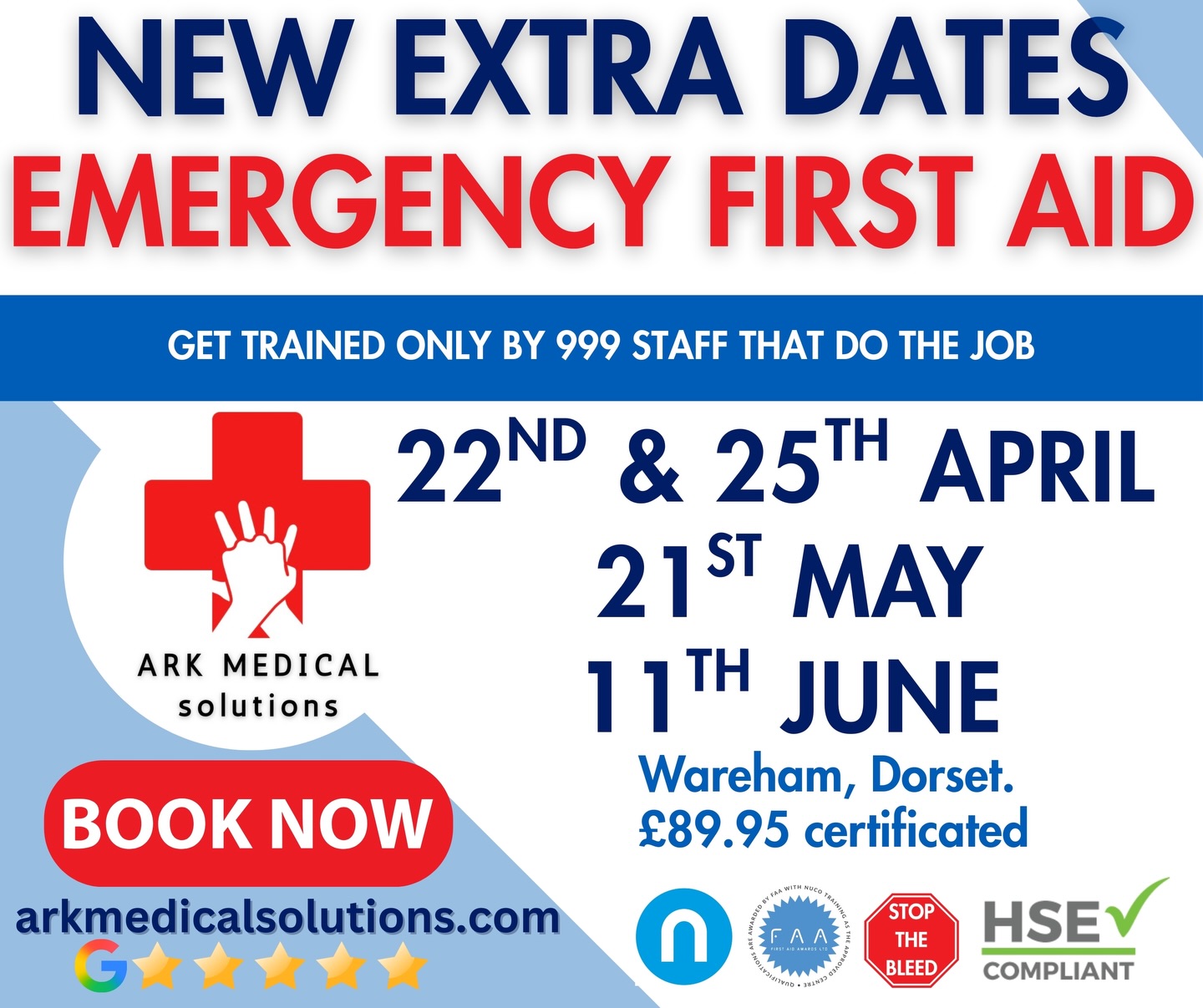 🚑 If someone collapsed at work tomorrow… would your team know what to do?
Or would everyone look around hoping someone else knows first aid?
First Aid isn’t just a certificate — it’s the confidence to act when every second counts, taught by people who deal with real emergencies every day.
Join Ark Medical Solutions, Purbeck’s local first aid training provider, for a hands-on Emergency First Aid at Work course delivered by frontline emergency service professionals.
✔ Real-world training
✔ Full qualification
✔ delivered only by those that do the job
Due to demand, new course dates have been released:
📅 14 April (fully booked)
📅 22 April – NEW DATE
📅 25 April (Saturday course) – NEW DATE
📅 21 May
📅 11 June
🕘 08:30 – 15:00
📍 Ark Medical Solutions, 12 Westminster Road, Wareham
💷 £89.95 (including certification & refreshments)
Perfect for workplaces, small businesses, community groups, or anyone who wants the confidence to step in and help.
📞 07831 901009
📧 admin@arkmedicalsolutions.com
🖥️ www.arkmedicalsolutions.com/book-online