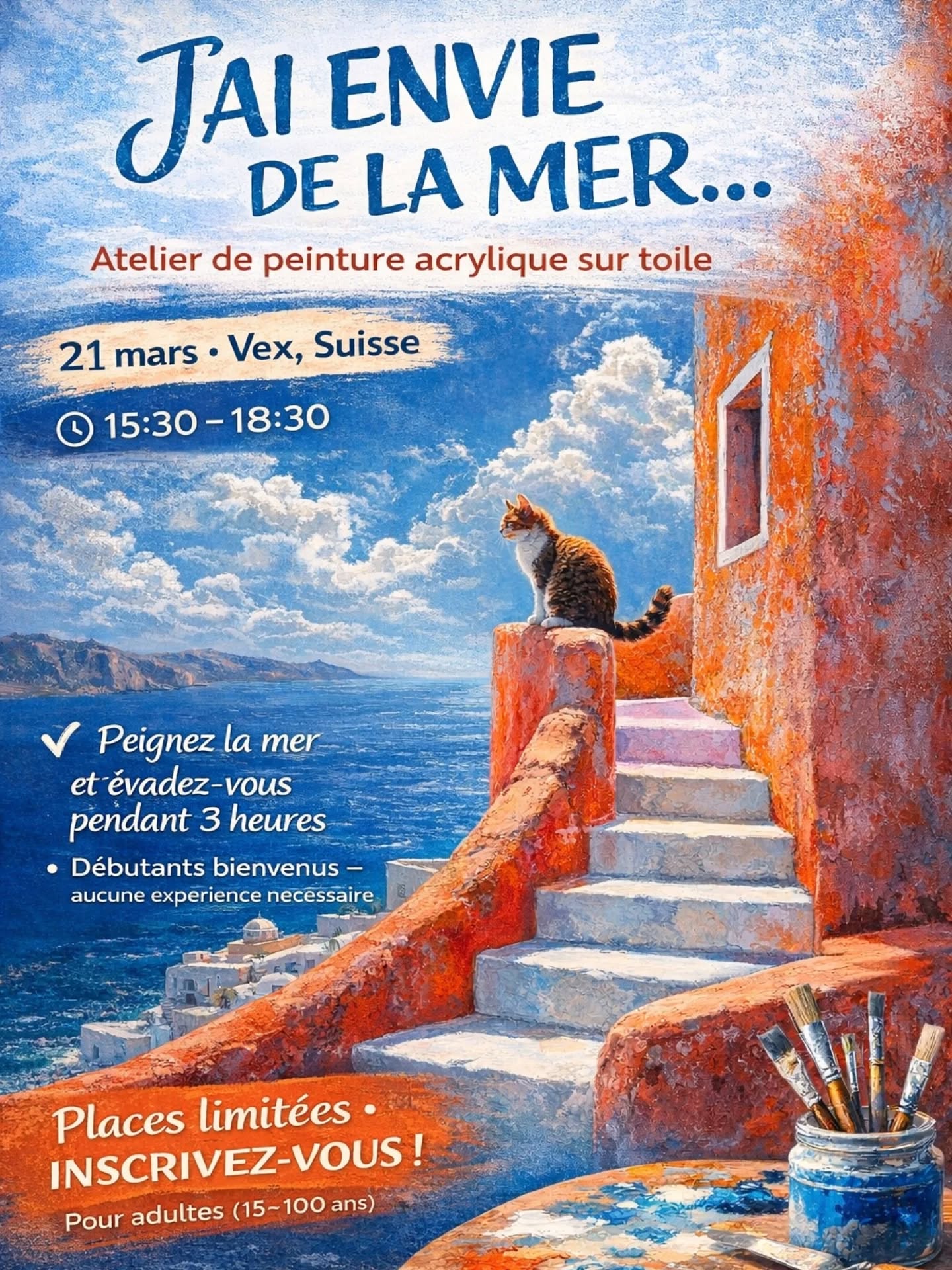 🎨 J’AI ENVIE DE LA MER…
Parfois, on a simplement besoin de s’arrêter.
D’éteindre le bruit des pensées.
D’imaginer une brise douce, l’odeur de la mer et un horizon infini.
Le 21 mars, je vous invite à vivre un moment de créativité et de calme.
Lors de cet atelier de peinture acrylique sur toile, vous pourrez créer votre propre tableau — inspiré par la mer…
ou par l’image que vous avez envie de peindre.
🌊 Vous pouvez suivre le thème de la mer
🎨 ou venir avec votre propre idée — je vous accompagnerai pas à pas pour la réaliser.
Aucune expérience n’est nécessaire.
Même si vous n’avez jamais tenu un pinceau, je serai là pour vous guider du premier geste jusqu’à la finalisation de votre œuvre.
👩🎨 Pour adultes de 15 à 110 ans
🖌 21 mars
🕒 15h30 – 18h30
⏳ 3 heures de créativité et d’inspiration
📍 Vex, Suisse (1981)
Studio : @ceramique_vex
✨ Tout le matériel est inclus
✨ Accessible aux débutants
✨ Possibilité de participer à un atelier unique ou à un programme de 4 séances (1 fois par semaine)
⚡ Places limitées, car je travaille individuellement avec chaque participant.
📩 Inscriptions et informations : @brend.mira
Créez non seulement un tableau…
mais votre propre mer, à laquelle vous pourrez revenir chaque jour. 🌊🎨
Langue de la classe de maître : français, anglais, italien, russe, ukrainien