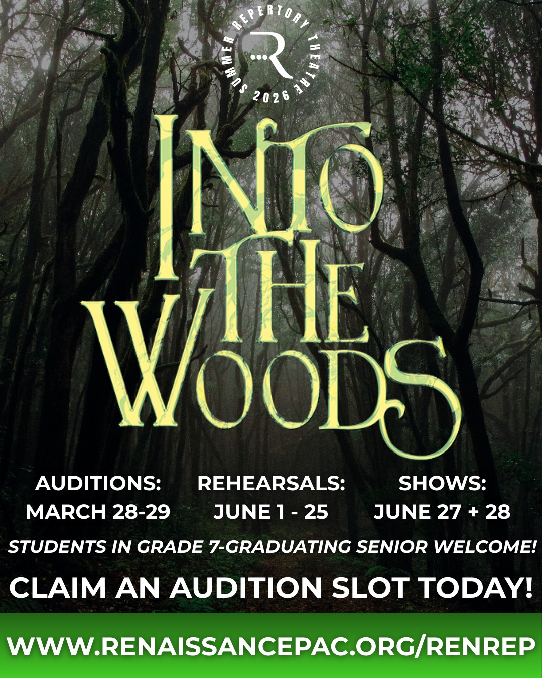 Claim your audition slot today for RenRep's Summer Production of Into The Woods! 💚
Head over to www.renaissancepac.org/renrep to sign up today! Auditions for performers and technician applications are open now! 💻
Renaissance Summer Repertory Theatre (RenRep) is a tuition-free performance opportunity open to all students in the greater Omaha area entering grades 7-Freshman in College during the 2026-2027 school year. Join us for a summer of performance and fun today! 🎭✨
#musical #intothewoods #tuitionfree #performance #renpac