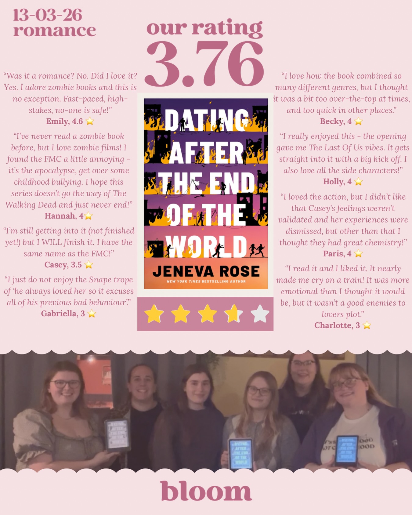 What a turnaround for Jeneva Rose! We previously read (and didn’t like) You Shouldn’t Have Come Here, but we overwhelmingly enjoyed Dating After The End Of The World! 🧟♀️
We loved the action and the fast pace that made this book totally fly by. We enjoyed the side characters (but we wanted more Tessa!) and we were all devastated when we learned that no-one is safe.
We recommend this for fans of The Last of Us, World War Z, and The Girl With All The Gifts.
Have you read any @jenevaroseauthor books?
#zombie #romancereader #romancebooks #bookstagram #bookclub