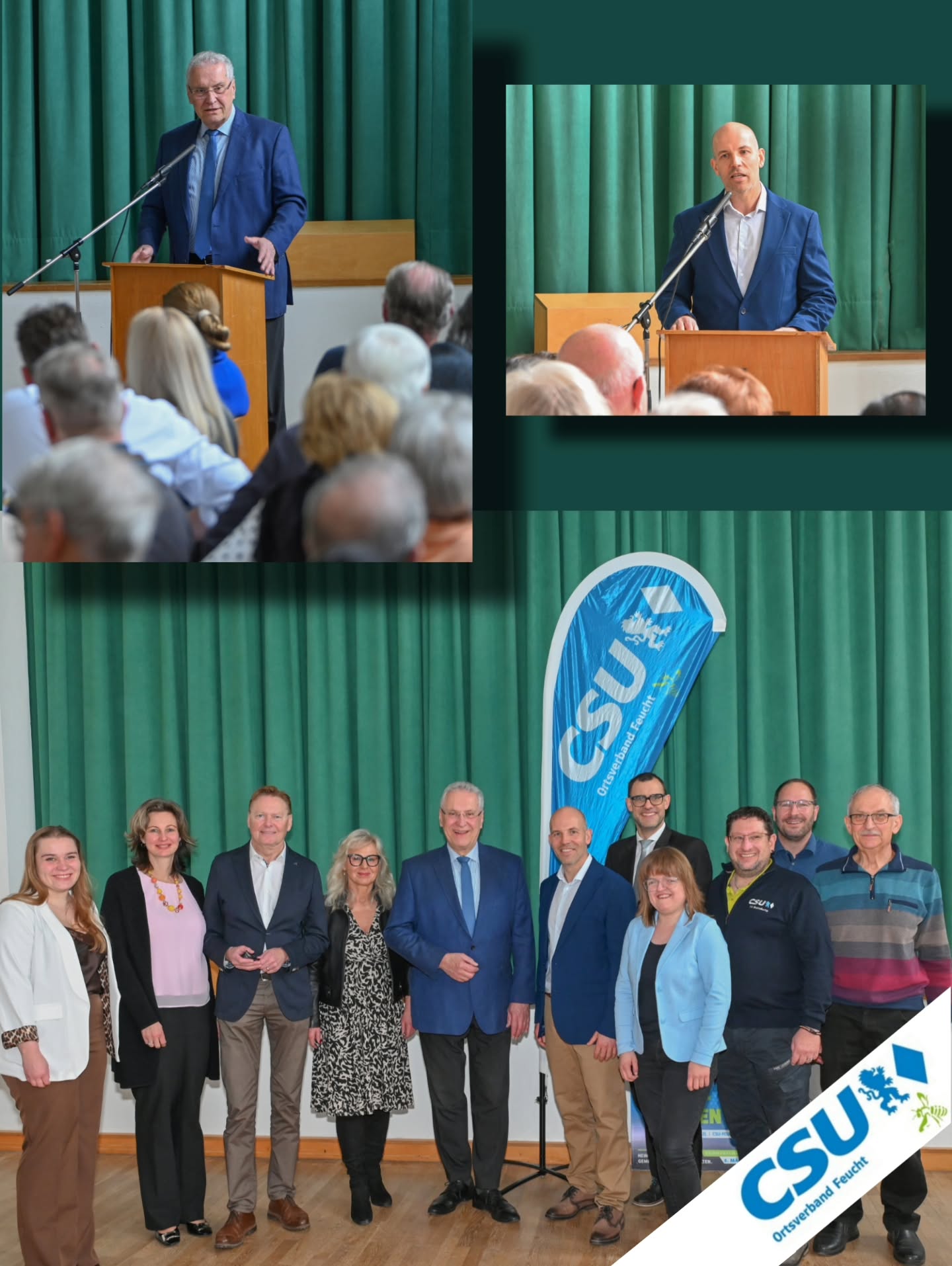 Innenminister Joachim Herrmann wirbt für hohe Wahlbeteiligung bei der Stichwahl und Harald Danzl als Bürgermeister
Im voll besetzten Saal des katholischen Pfarrzentrums waren rund 100 Interessierte der Einladung der CSU zum Stichwahl-Frühschoppen mit Innenminister Joachim Herrmann gefolgt.
Dieser spannte den Bogen von der Innen- und Sicherheitspolitik über die Unterstützung von Polizei, Feuerwehren und Rettungsorganisationen bis zur kommunalen Ebene. Hier warb er für eine hohe Beteiligung bei der anstehenden Bürgermeisterstichwahl, denn „wichtig ist, was in Feucht passiert. Wird der Markt nur verwaltet – oder gibt der Bürgermeister die nötigen Impulse? Harald Danzl bringt sich bereits jetzt mit viel Engagement in die Kommunalpolitik ein und ist die richtige Wahl für das Bürgermeisteramt in Feucht. Er hat beruflich in Führungspositionen bei der Polizei bewiesen, dass er über die nötige Erfahrung im Umgang mit Mitarbeitern verfügt und für klare Ziele, Entschlossenheit und Tatkraft steht.“
CSU-Bürgermeisterkandidat Harald Danzl hatte eingangs Teile seines Programms und seine Vorstellungen für das Amt des Bürgermeisters für Feucht und Moosbach erläutert und unter langanhaltendem Beifall versichert: „Ich werde mich für Feucht und Moosbach mit all‘ meiner Kraft einsetzen.“ Mit Leutschacher Wein und Feuchter Honig dankte Harald Danzl Joachim Herrmann, und rechtzeitig vor 12 Uhr konnte das gemeinsame Weißwurstfrühstück beginnen, bei dem es noch viele Gelegenheit zu guten Gesprächen gab.