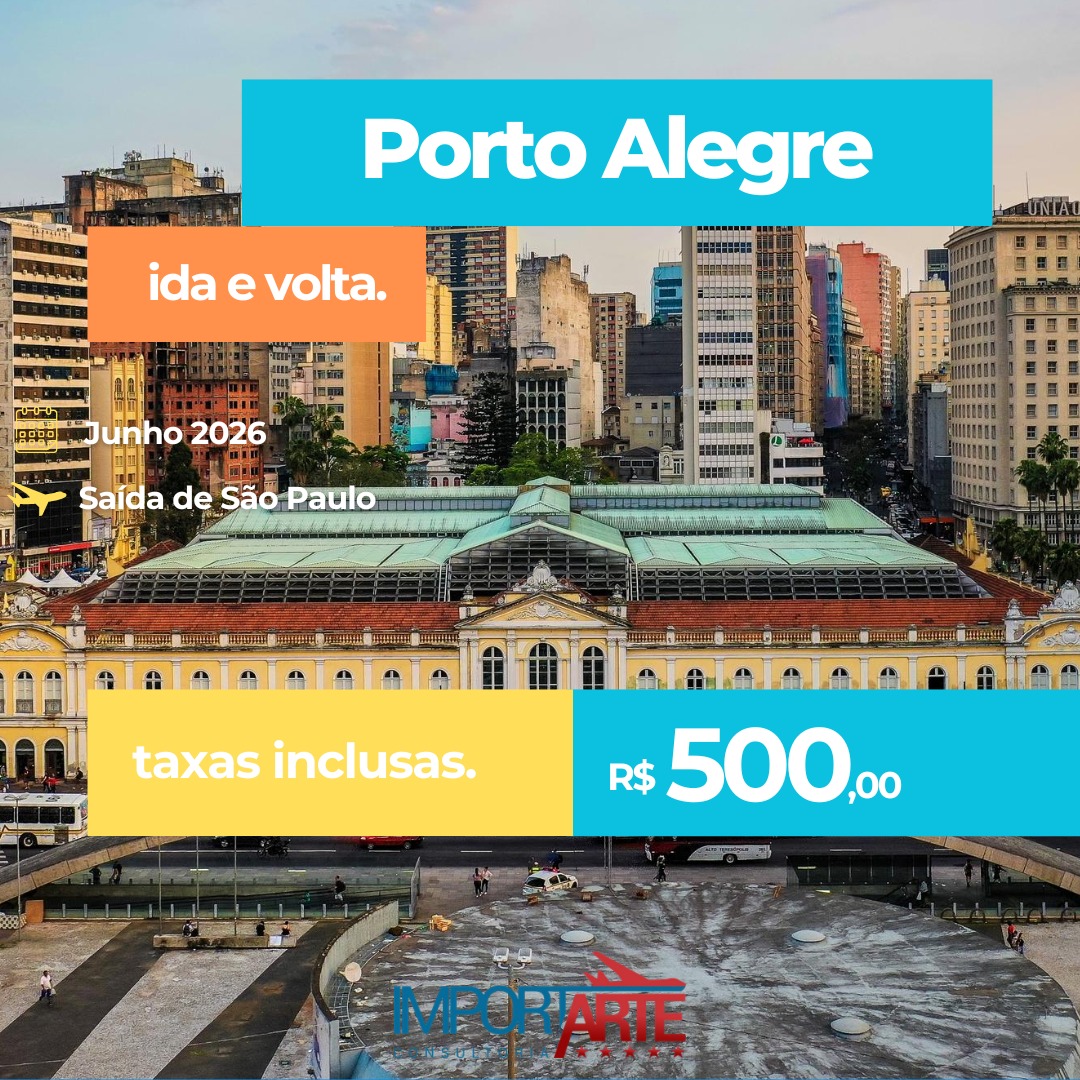 ✈️ PORTO ALEGRE por apenas R$ 500,00 (ida e volta + taxas inclusas!)
A oportunidade que você esperava para viajar pagando pouco chegou! 🔥
Passagens para Porto Alegre em junho de 2026, saindo de São Paulo, por um preço IMPERDÍVEL. 🤯
✔️ Ida e volta
✔️ Taxas incluídas
✔️ Oferta exclusiva da Importarte Consultoria
Me chama no WhatsApp para garantir a sua! 📲
(22) 2350-3932