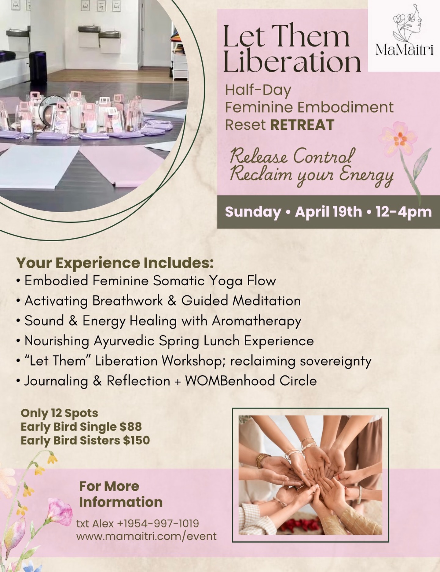 Let Them Liberation ⢠Half Day Feminine Embodiment Reset Retreat š¹
š 8234 W SR-84, Davie āØš Sunday April 19 | 12ā4 PM
There comes a moment in every womanās life when she realizesā¦
She has been carrying the weight of everyone elseās choices.
Trying to control what others think.āØTrying to keep peace that was never hers to hold.āØTrying to be understood by those who cannot see her.
And then the truth arrives.
Let them.
Let them misunderstand.āØLet them walk their path.āØLet them have their opinions.
And in that sacred releaseā¦
You rise š¦āš„š„š¹
Join the MaMaitri Sisterhood for a deeply nourishing afternoon of feminine embodiment, wisdom circle, sacred rituals, and heart-opening connection inspired by the teachings of The Let Them Theory.
Together we will explore:
š¹ Releasing control and reclaiming your energyāØš¹ Healing people-pleasing patternsāØš¹ Activating sacred boundariesāØš¹ Reconnecting to your intuitive feminine voiceāØš¹ Rising in sovereign self-trust
This retreat includes:
āØEmbodied Feminine yoga flow & somatic release
āØSound healing integration with Reiki, Guided Meditation & Aromatherapy
āØSacred Ayurvedic Spring Nourishing Lunch Experience āØāØBook club wisdom circle from our April Book āLet Themā by Mel Robbins āØāØThe Let Them Workshop with Fire CeremonyāØ
Who is this for?
This experience is perfect for WOMBen who:
⢠feel emotionally drained from people-pleasing
⢠want stronger boundaries in relationships
⢠crave time to reconnect with themselves
⢠enjoy yoga, mindfulness, and nourishing food
⢠desire meaningful connection with other women
No prior yoga or meditation experience is required.
Leave feeling lighter, clearer, and rooted in the truth:
Their path is theirs.āØYour power is YOURS.
Only 12 Spots ⢠Early Bird Tickets Now Open
www.mamaitri.com/event
#letthem #sisterhood #womansretreat #daviefl #browardcounty
