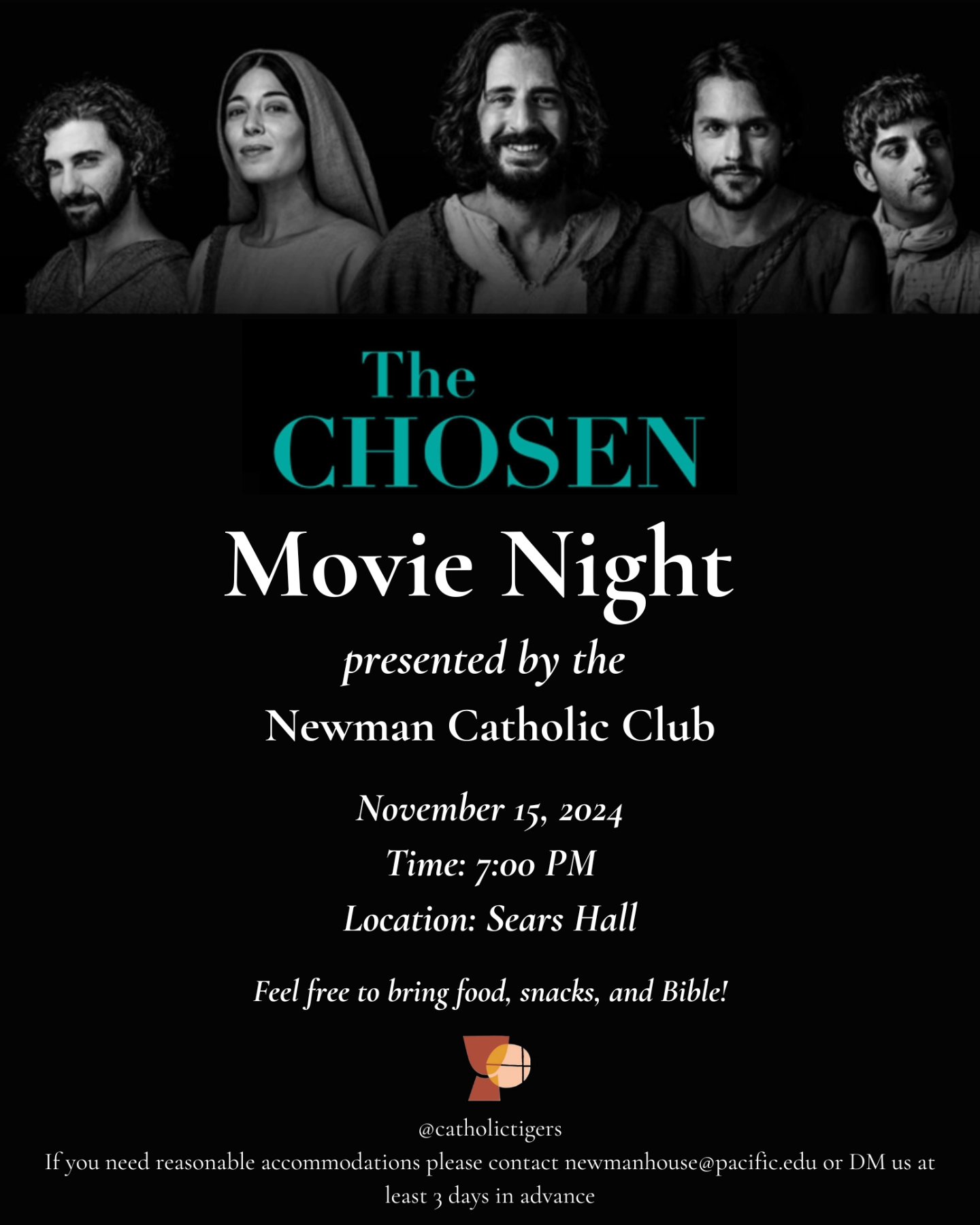 Come watch the Chosen with us in Sears Hall this Friday, November 15th, at 7 pm ✨️