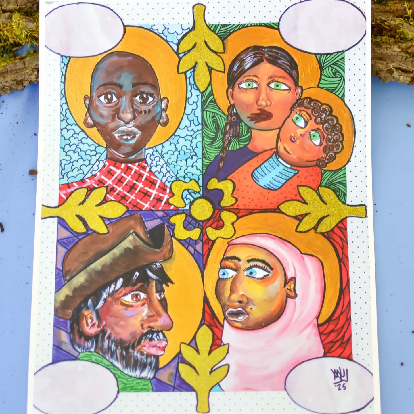 “I still believe in humanity. When I watched people in Gaza prepare basic meals to break their fast during Ramadan during a genocide, I saw something good. When local neighbors saw our public vigil for disappeared people and chose to join us for a time of lament, I saw something good. When Colin Kaepernick paid for the independent autopsy of one of the Black men recently lynched, I saw something good. The good is people still choosing to be empathetic and compassionate in times of crisis. That is what Christ calls us to be.”
—from the artist’s statement for “Fuera ICE” by Rev. Nicolette Faison (@afr0lutheran) | @sanctifiedart