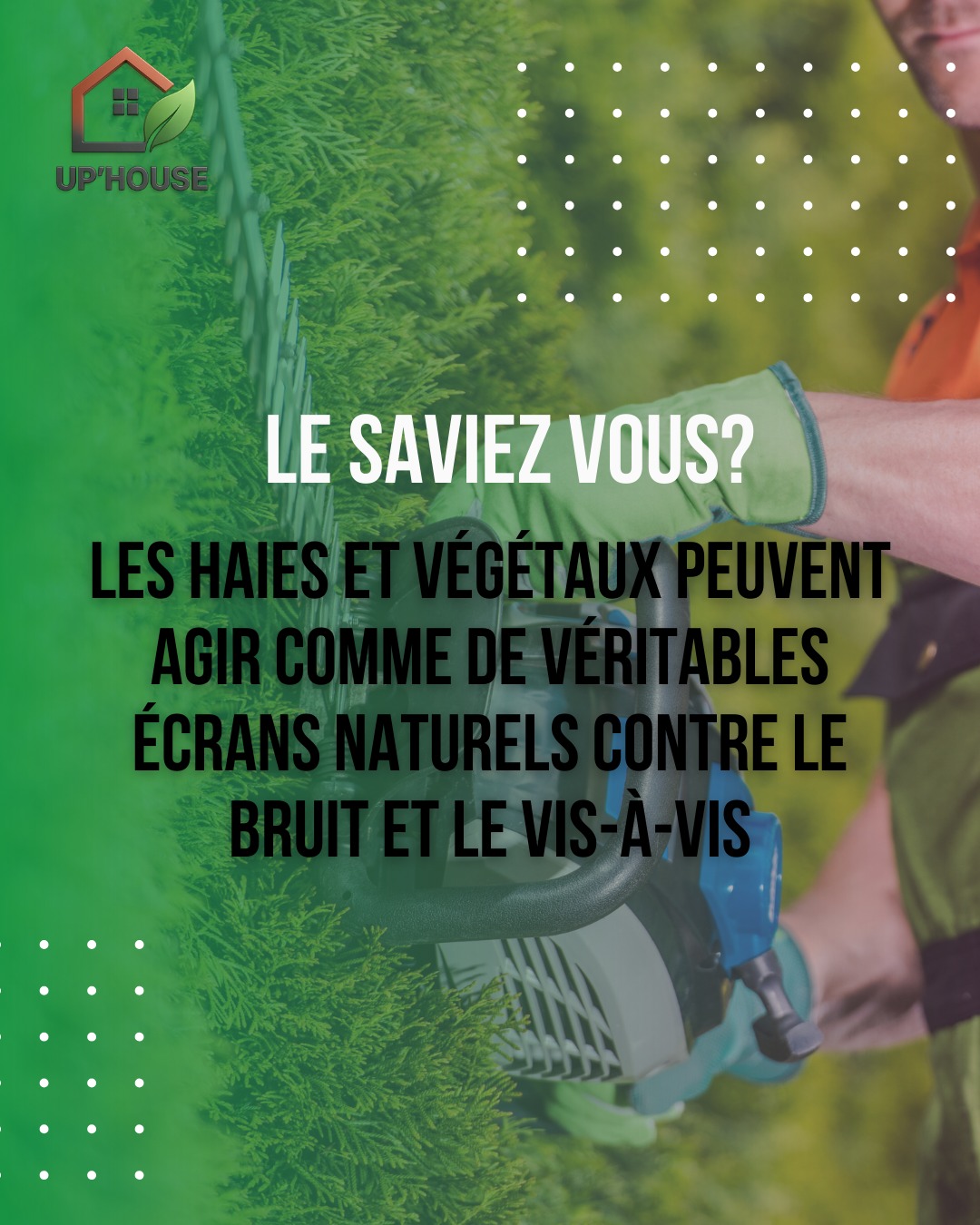 🌿 LE SAVIEZ-VOUS ?
Les haies et végétaux peuvent agir comme de véritables écrans naturels contre le bruit et le vis-à-vis 🌳
Bien pensés et bien placés, ils permettent :
✔️ Plus d’intimité
✔️ Moins de nuisances sonores
✔️ Un extérieur plus calme et plus agréable
Chez Up House, on conçoit des espaces verts aussi beaux que pratiques.