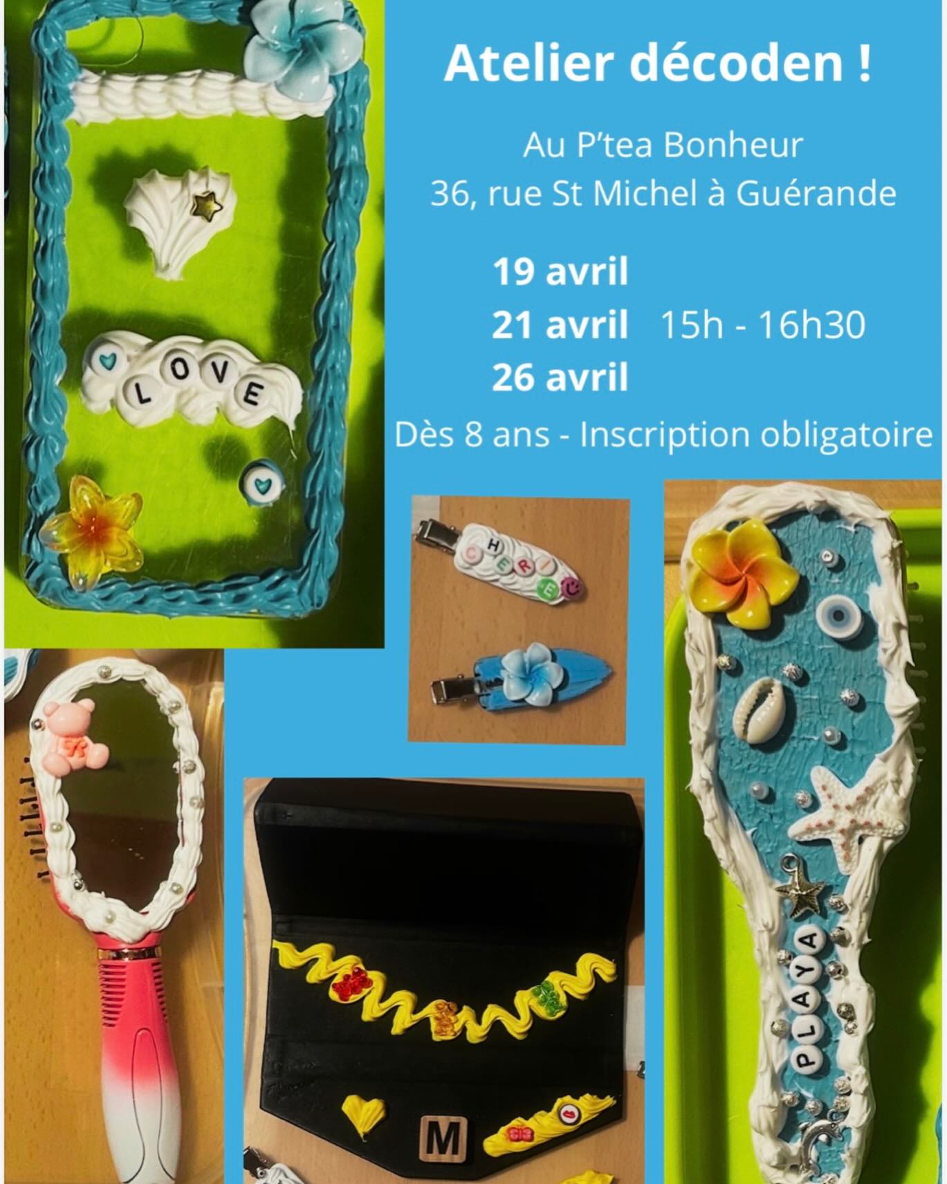✨ NOUVEAUTÉ à Guérande ! Atelier DECODEN ✨
Au salon de thé P’tea Bonheur, je vous propose une activité créative venue tout droit du Japon 🇯🇵
Le Decoden vient de Decoration Denwa qui signifie décoration de téléphone.
Le principe ? Transformer un objet du quotidien en véritable œuvre d’art Kawaii 💖
Un moment créatif, relaxant et accessible à tous :
✨ stimule la créativité
✨ activité intergénérationnelle
✨ simple et facile même pour les débutants
👩👧 Idéal pour :
• EVJF
• anniversaires
• ateliers parent/enfant
• grand-parent / enfant
• ados
• privatisation possible
👉 À partir de 8 ans
🎀 Tout le matériel est fourni :
cabochons, strass, perles, bar à charms, colles-crèmes au choix…
Et le meilleur ?
✨ Vous repartez avec votre création unique ! ✨
⸻
🎨 Les formules
Option 1 – 22€
Ramène ta coque de téléphone ou un objet du quotidien à personnaliser
(préciser lors de l’inscription)
Inclus :
• 2 colles-crèmes au choix
• 5 gros charms
• 5 petits charms
• strass
Option 2 – 25€
1 mini brosse à cheveux + 3 petites barrettes
Inclus :
• 2 colles-crèmes
• 5 gros charms
• 5 petits charms
• strass
Option 3 – 25€
1 pince crabe + 1 miroir de sac
Inclus :
• 2 colles-crèmes
• 5 gros charms
• 5 petits charms
• strass
Option 1 + 2 – 30€
Inclus :
• 2 colles-crèmes
• 7 gros charms
• 8 petits charms
• strass
Option 1 + 3 – 30€
Inclus :
• 2 colles-crèmes
• 7 gros charms
• 8 petits charms
• strass
⸻
💌 Places limitées
Inscription en message privé.
Viens créer, te détendre et repartir avec une création 100% unique et Kawaii ✨. 📆 prochaines dates 19 / 21 / 26 avril - 15h à 16h