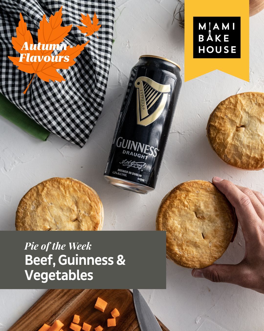 This week’s featured pie is our Beef Guinness & Vegetables Pie!
Savour the rich, hearty flavours of WA Angus Beef, slow-cooked to perfection with sliced bacon, crushed garlic, chopped celery, and onion.
Real Guinness and tomato paste create a deep, malty richness, enhanced with bay leaves for a classic, comforting taste. Diced carrot and potato add the perfect balance of sweetness and texture, making every bite satisfyingly delicious.
Wrapped in our signature flaky pastry, this bold and hearty pie is available at all Miami Bakehouse cafés from Tuesday, 17th March until Monday, 23rd March.