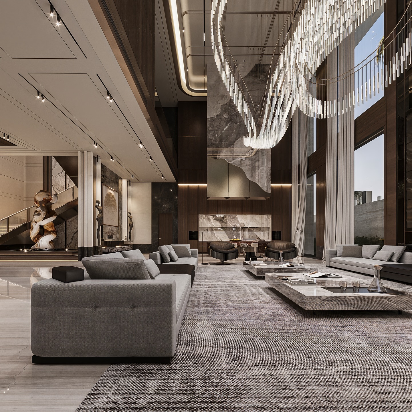 Luxury defined by scale, material, and light.
This double height living hall is centered around a dramatic marble feature wall and a cascading sculptural chandelier that connects both levels of the space.
Warm walnut panels, natural stone, and soft neutral furnishings create a refined balance between modern elegance and timeless luxury. Floor to ceiling glazing enhances the sense of openness while allowing natural light to animate the textures throughout the interior.
The result is a sophisticated living environment designed to feel both monumental and intimate.
#LuxuryInterior #LuxuryLiving #ModernArchitecture #InteriorDesign #luxuryvilla