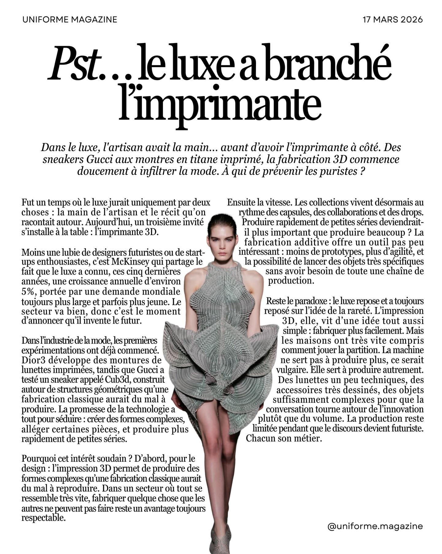 Dans le luxe, l’artisan avait la main... avant d’avoir l’imprimante à côté. Des sneakers Gucci aux montres en titane imprimé, la fabrication 3D commence doucement à infiltrer la mode. A qui de prévenir les puristes ?