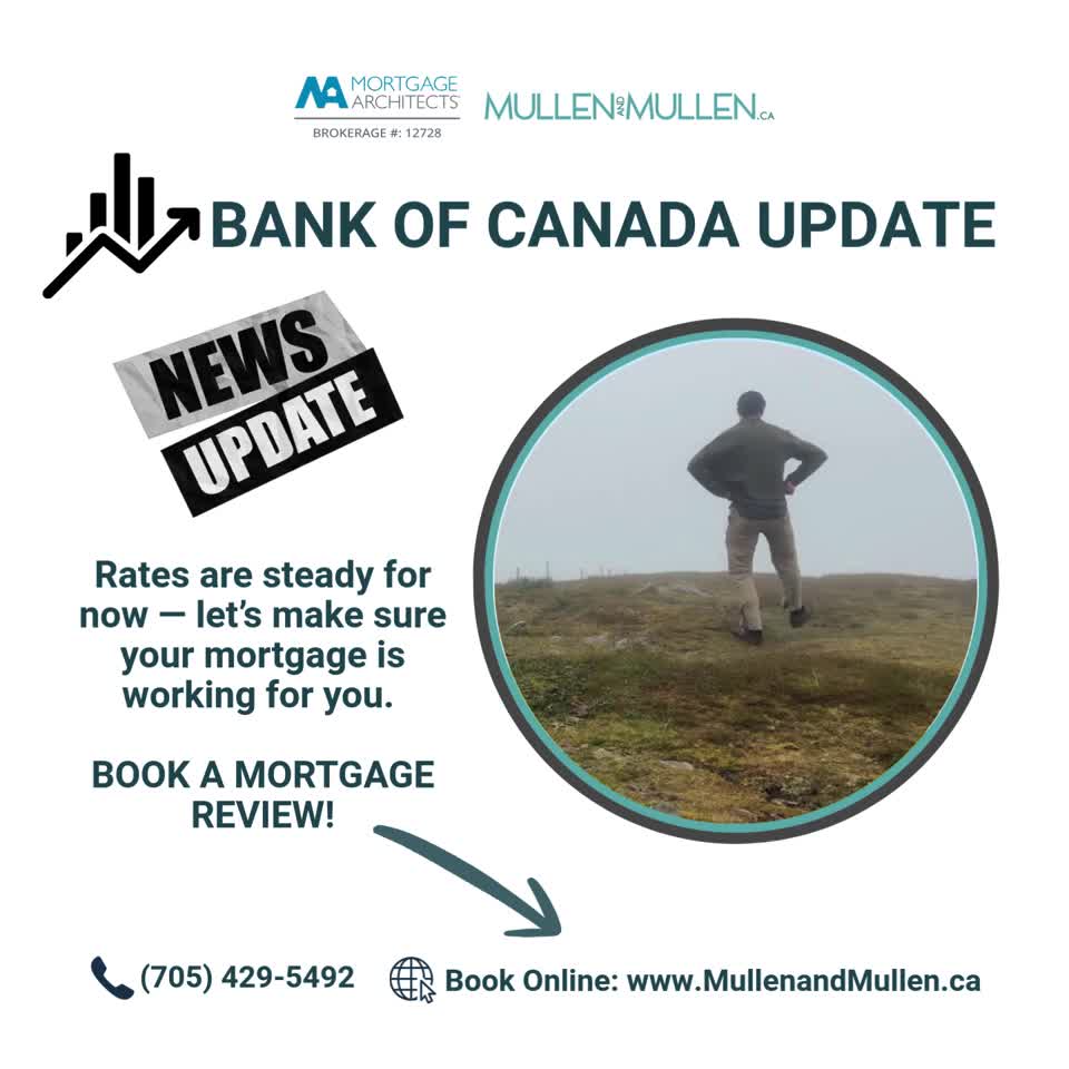 📊 Bank of Canada Update — March 18, 2026
The Bank of Canada has held its key interest rate steady once again, keeping Prime at 4.45% (don't forget to minus your discount).
Even with rates remaining unchanged, now is an ideal time to review your mortgage strategy to make sure it’s still aligned with your goals.
🏡 Thinking of buying, refinancing, or renewing?
You could still:
✅ Lower your monthly payments
✅ Improve your cash flow
✅ Boost your buying power
✅ Make extra progress on your mortgage principal
💬 Feeling financially stretched?
We’re here to help you explore solutions and find breathing room — for ALL of Life’s Moments… just come as you are. 💙
Book a time with us online at 💻 www.MullenandMullen.ca OR call 📞 (705) 429-5492.
MORTGAGE ARCHITECTS, BROKERAGE #12728
#BankofCanadaUpdate #InterestRates #LifesMoments #MullenandMullen #WasagaBeach #Clearview #MortgageArchitects