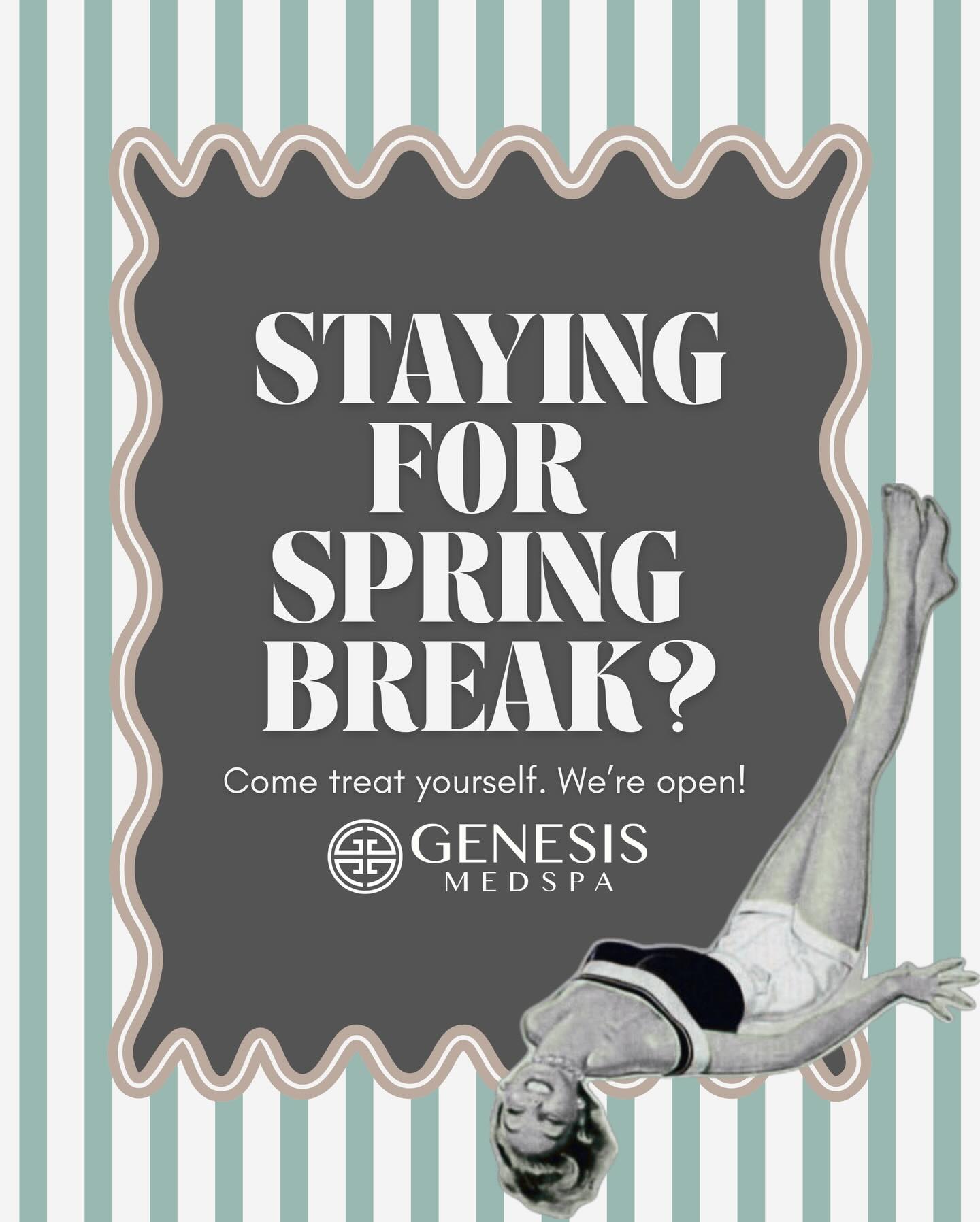 Spring break plans? Don’t forget a little self-care staycation ✨
We’re OPEN all week, so while everyone else is chasing sunshine, come see us to refresh, glow, and take advantage of our spring specials.
A little Botox, a little facial, a little glow-up… because the best vacation accessory is great skin 😉
📞 Call or DM us to book your appointment!
806-401-0460| 5302 114th St.
www.genesismedspatx.com