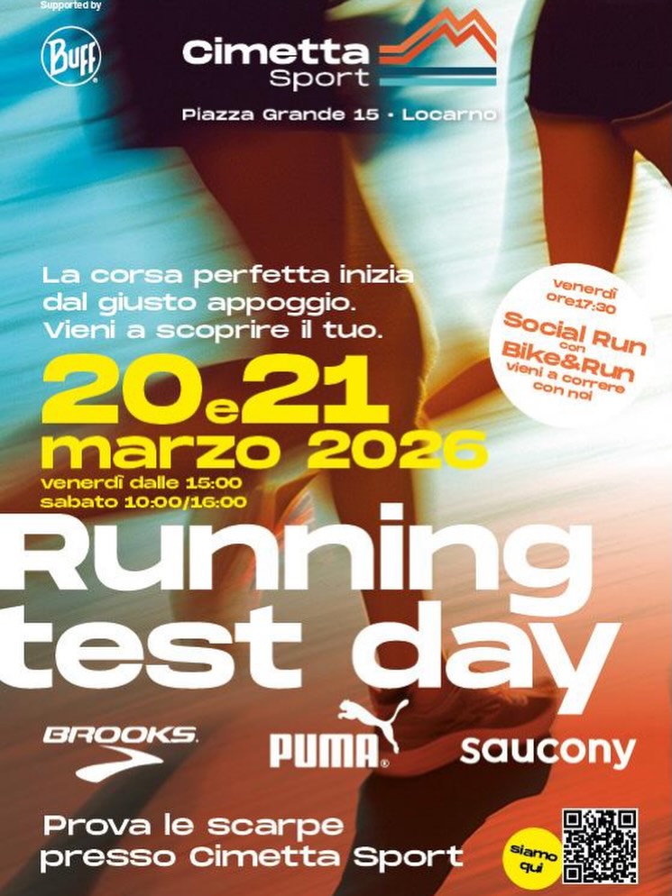 Running Test Day – 20 & 21 marzo 2026 👟 by @cimettasport per provare le scarpe @brooksrunningde @pumarunning e @saucony_switzerland e trovare il tuo appoggio perfetto!
📍 Piazza Grande, Locarno
⚠️ Venerdì sera non perdere la Social Run con CDO Bike&Run 🏃♂️
⏱️Partenza ore 17:30 direttamente dal negozio.
Ti aspettiamo per correre insieme! ✌🏻
@casadellottica_sa
@dynoptic
@lidlch
@farmaciasolduno.ch
@nikoneurope
@pissei @noe_gianetti #pissei
@performancesport
@giuliani_sa
@parisfalegnameria
@AMIfiduciaria
@gh_design_officineghidoni
#socialrun #cdobikerun #2026 #stravarun