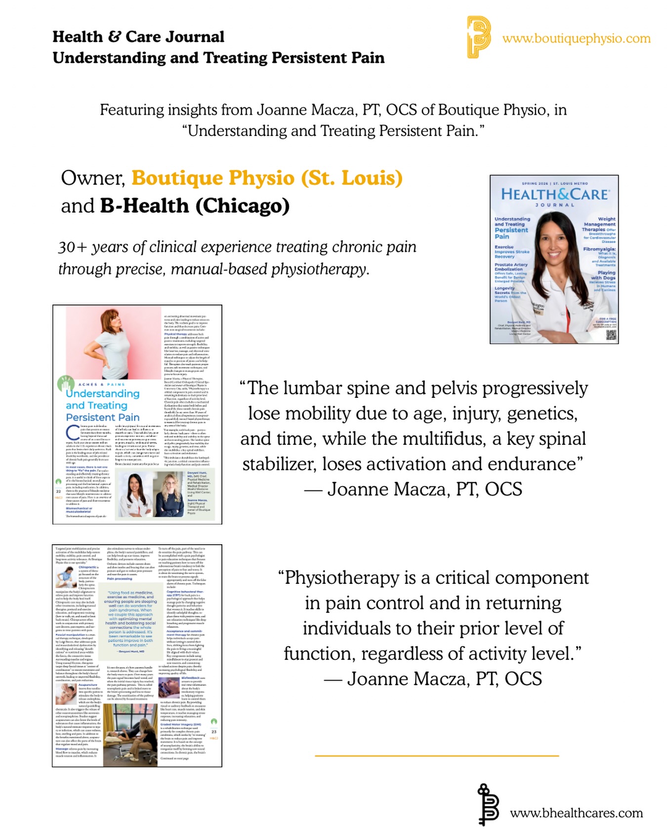 Featured in the Spring 2026 issue of the St. Louis Metro Health & Care Journal,
Joanne Macza, one of the top manual-based physiotherapists and diagnosticians in the country, highlights how mechanical joint changes in the spine and multifidus (a key spinal stabilizer) engagement influence low back pain—both short and long term—and how specialized physiotherapy at Boutique Physio helps restore function and movement.