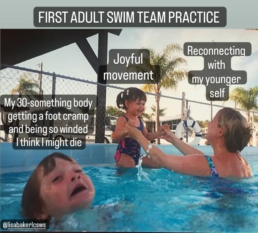 After 15 years out of the pool, today I went to adult swim team.
It was familiar and great and exhausting and terrible -- and I'll probably go back!
At this stage in my life, movement is feeling challenging. So much of the exercise I've done over the years has been about weight loss or burning calories or manipulating my body in some way. Running, weight lifting, yoga, everything feels hard as I try to navigate this current phase.
So I am going back to my roots. Swimming is one of the forms of movement that hasn't been co-opted by weight loss and just reminds me of being part of a community, early mornings, and being strong. It will have it's challenges as well but it felt good to reconnect today (once I got past the almost dying and visceral emotional memory of foot cramps in the deep end).
#therapy #therapyfortherapists #mindfulmovement #intuitivemovement #joyfulmovement #partswork #internalfamilysystems #recovery #cptsdrecovery #perfectionism